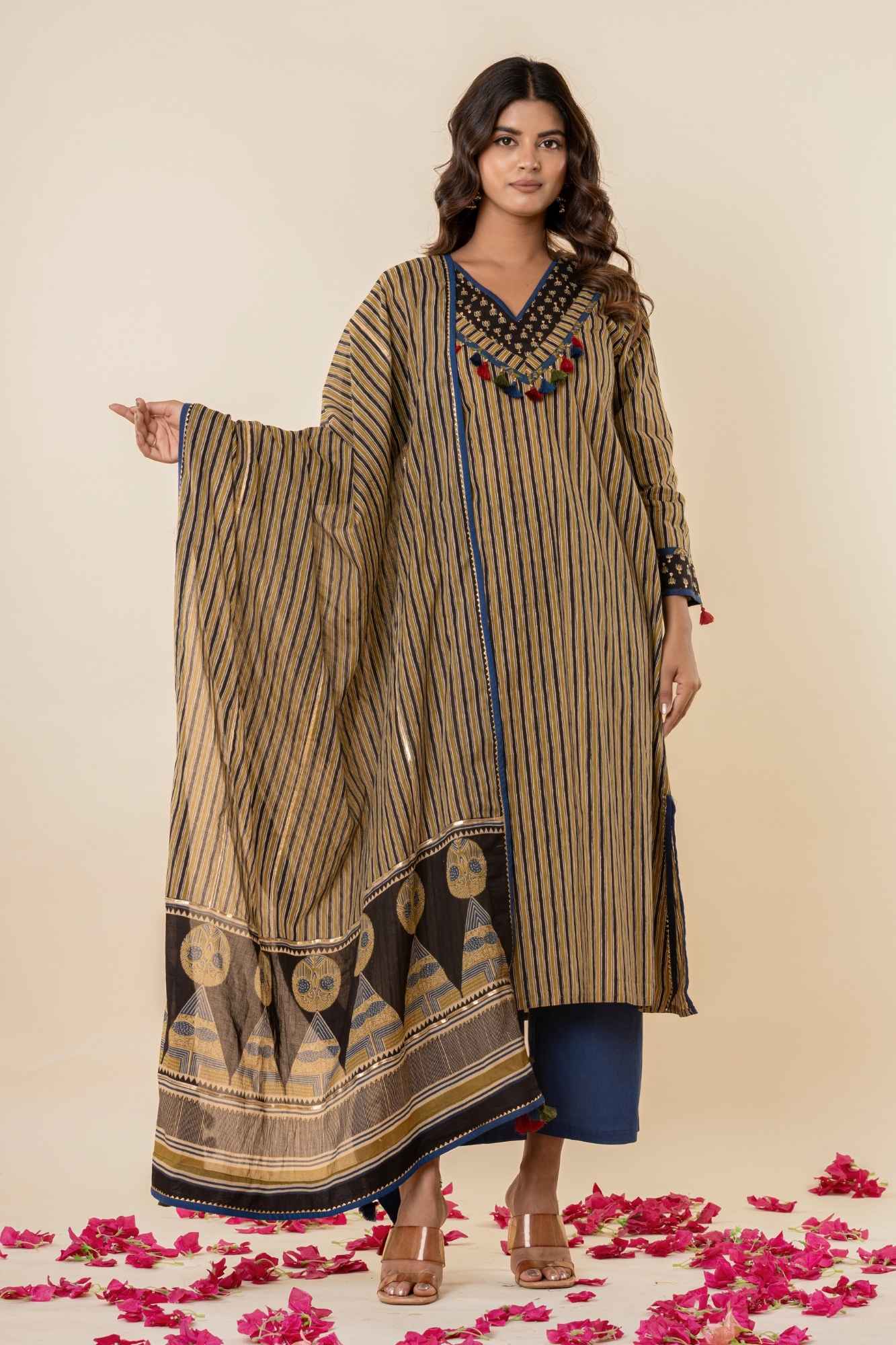 Ajrakh Printed Striped A-Line Kurti Pant Set with Dupatta (Set of 3)