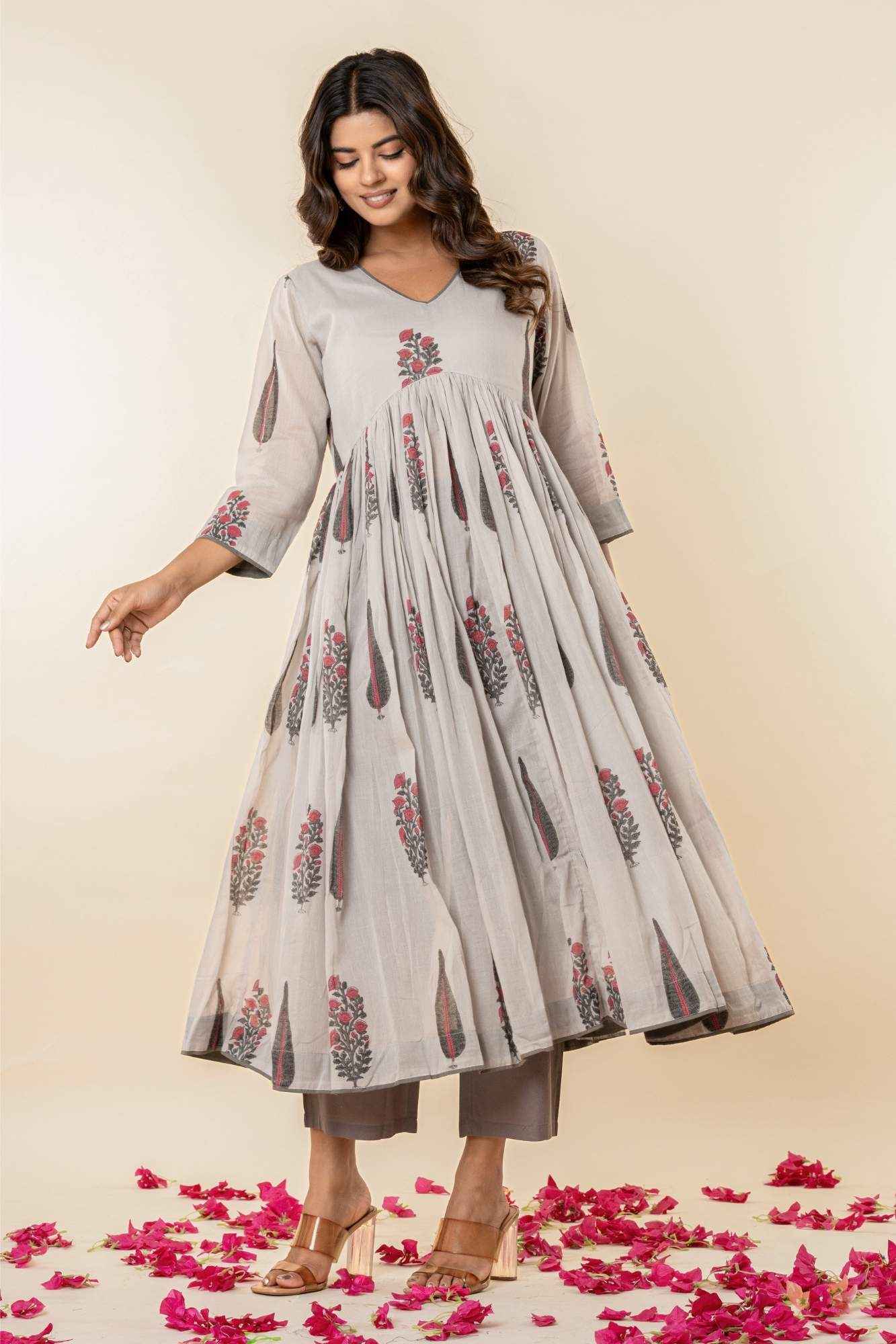 Light Grey Mulmul Gathered Kurta (Set of 2)