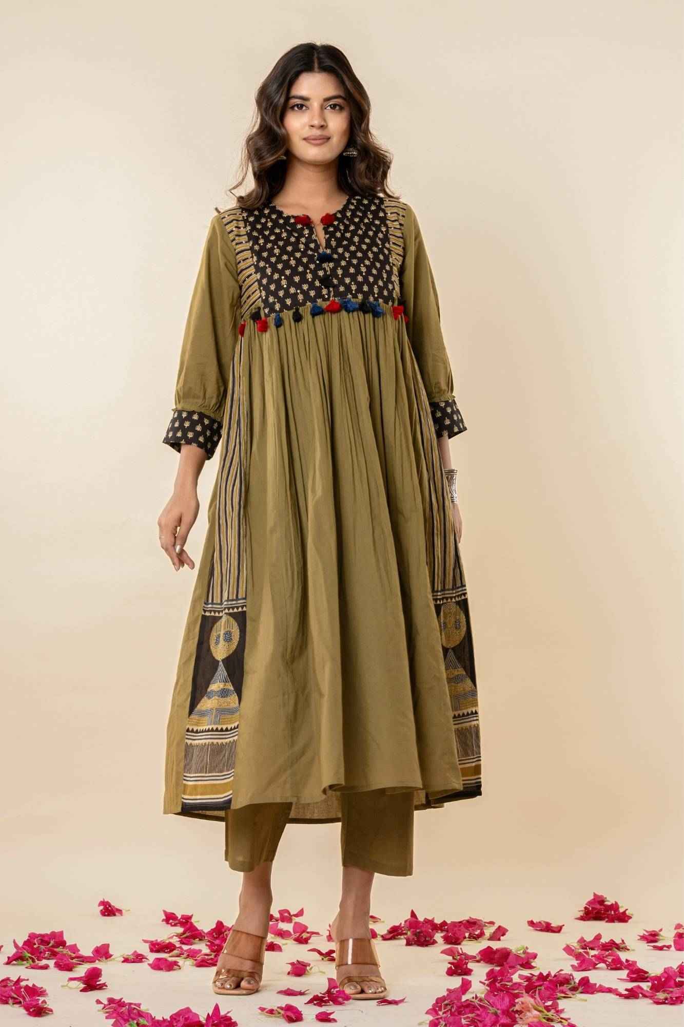 Olive Gathered Kurta Set with Tassels