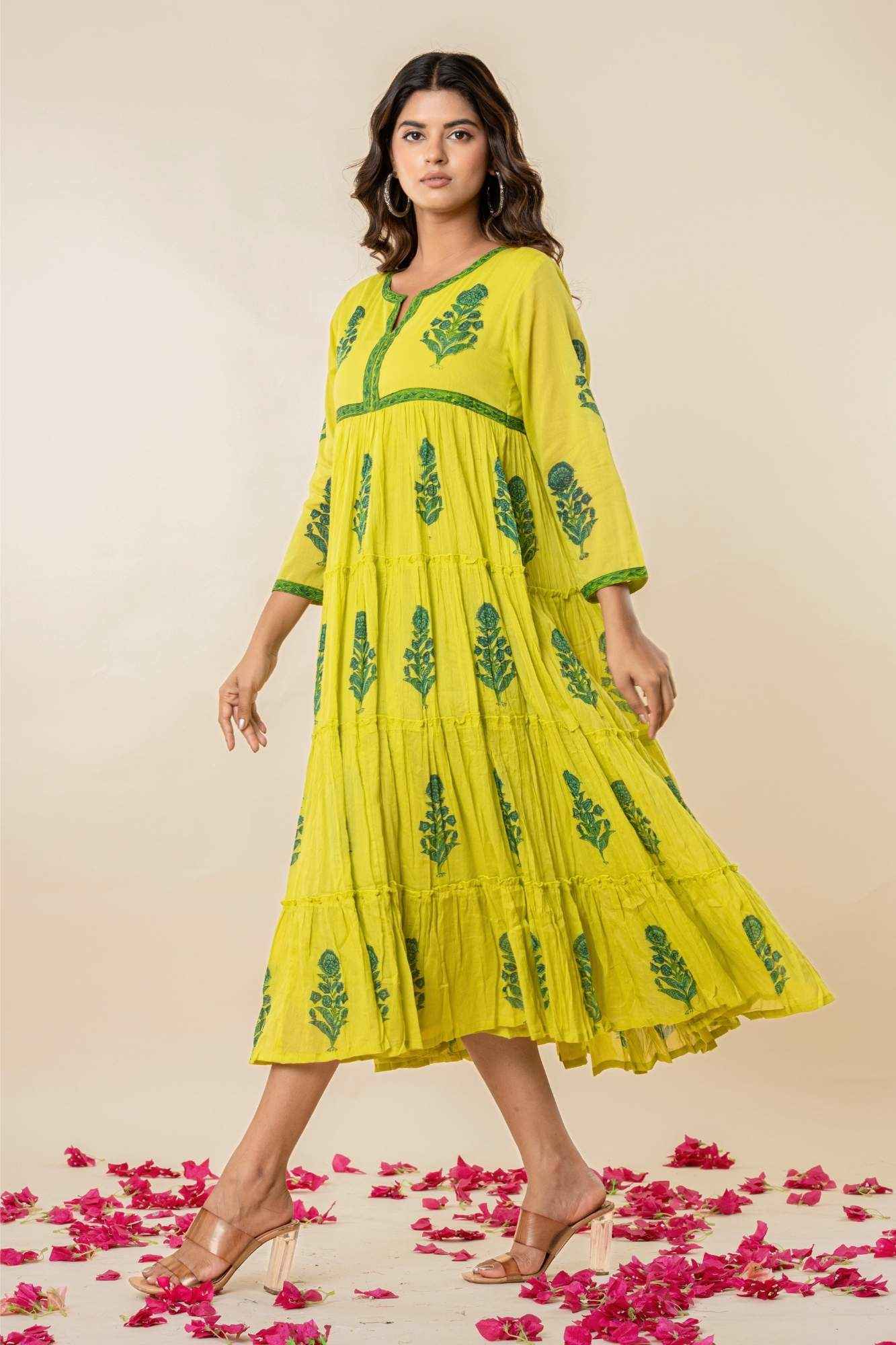 Bright Lime Green Mulmul Tiered Kurta