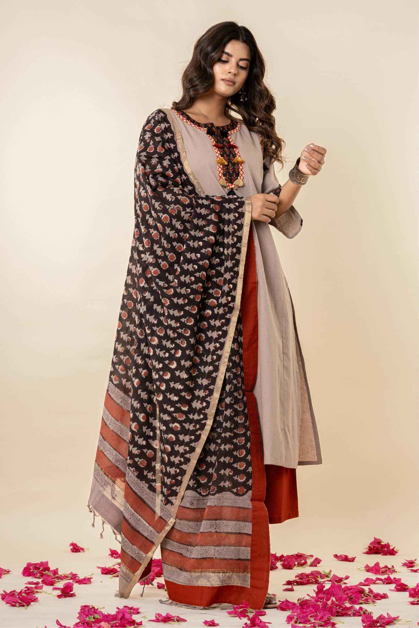 Taupe Cotton Kurta Set with Printed Dupatta (Set of 3)