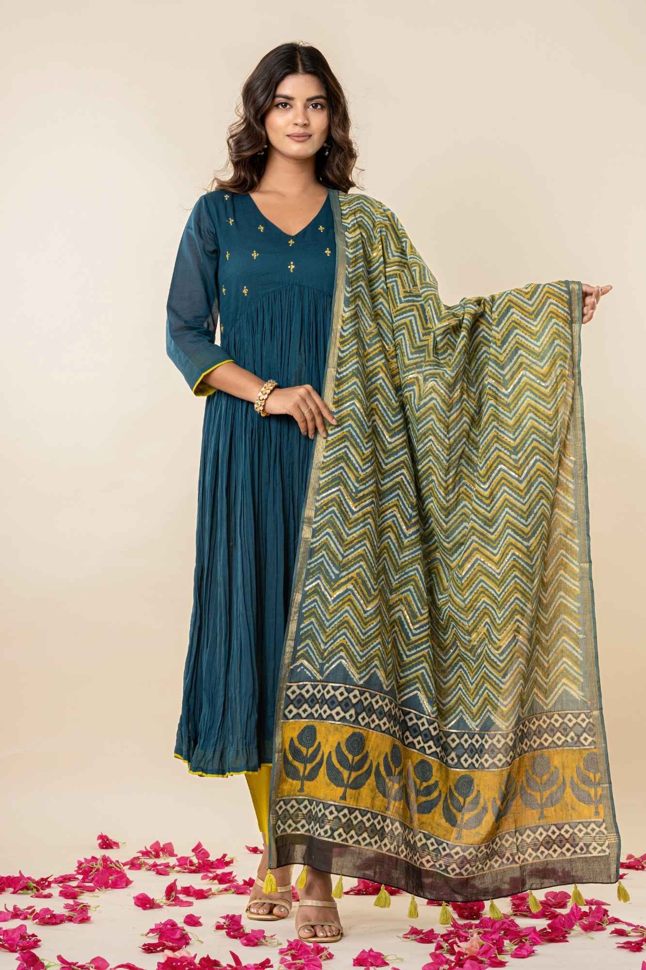 Teal Blue Kurti Pant Set with Vanaspati printed Dupatta (Set of 3)