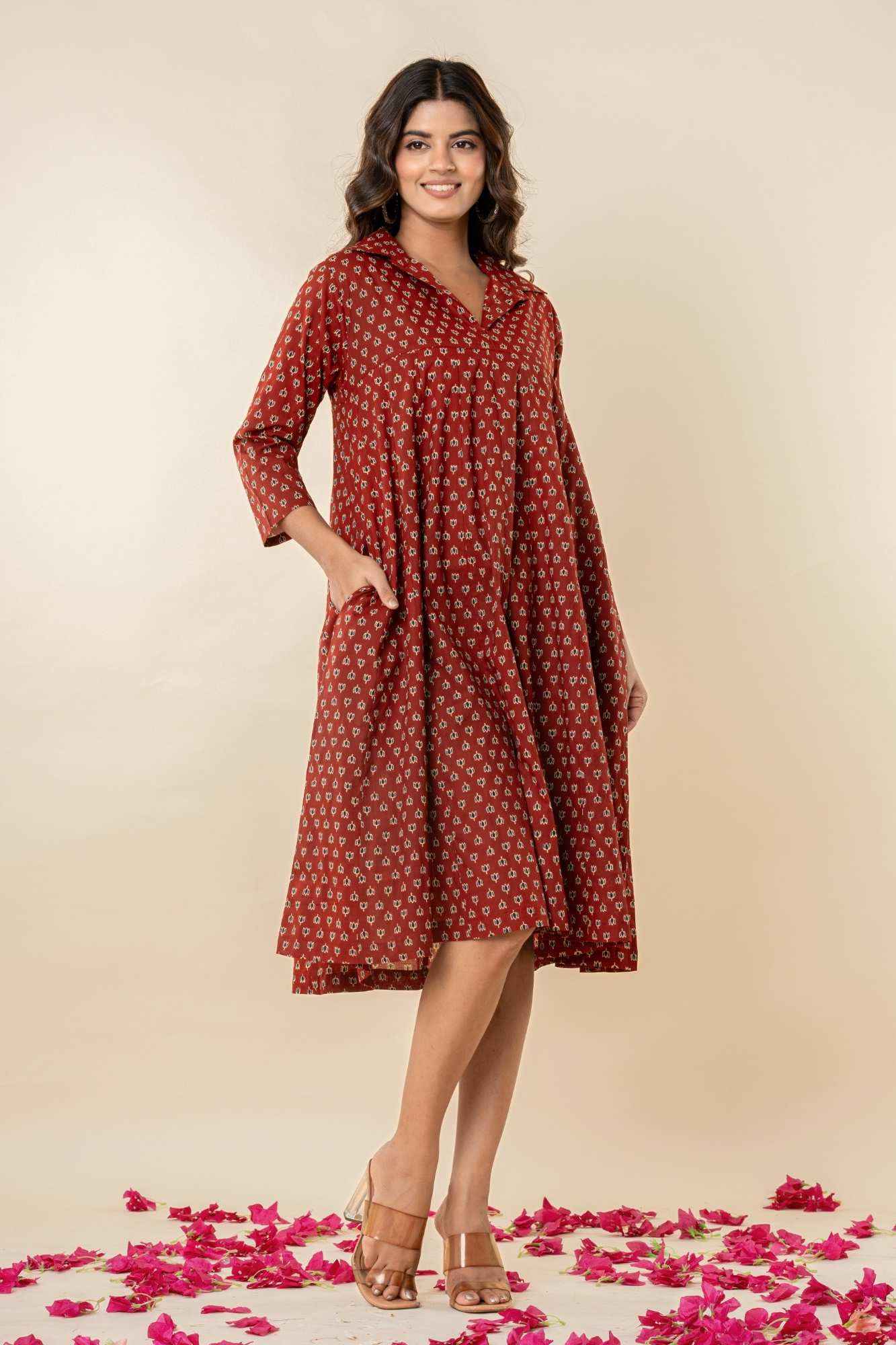 Maroon Collared A-Line Cotton Kurta