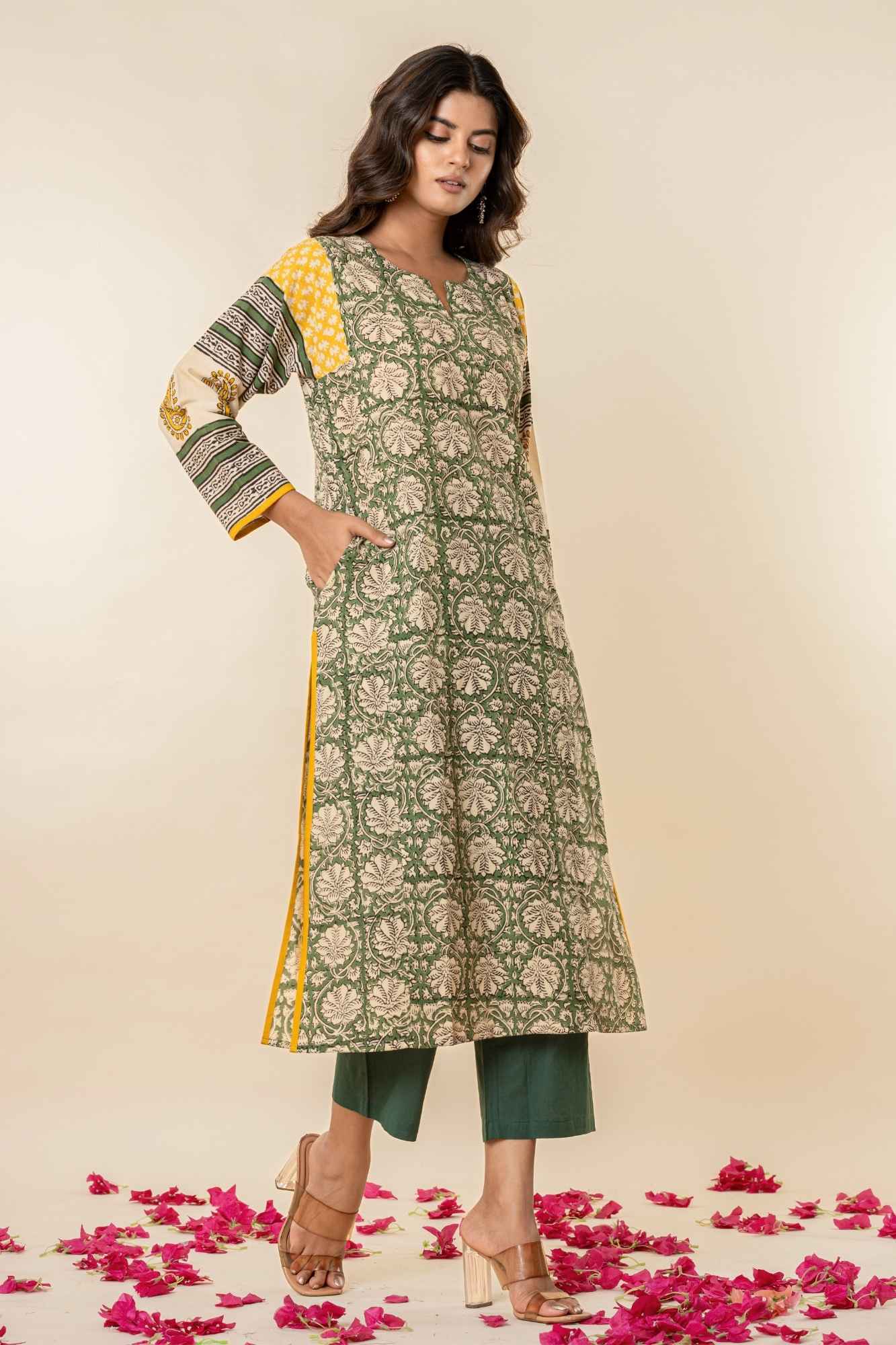 Green & Yellow Bagru Print Cotton Kurta Set
