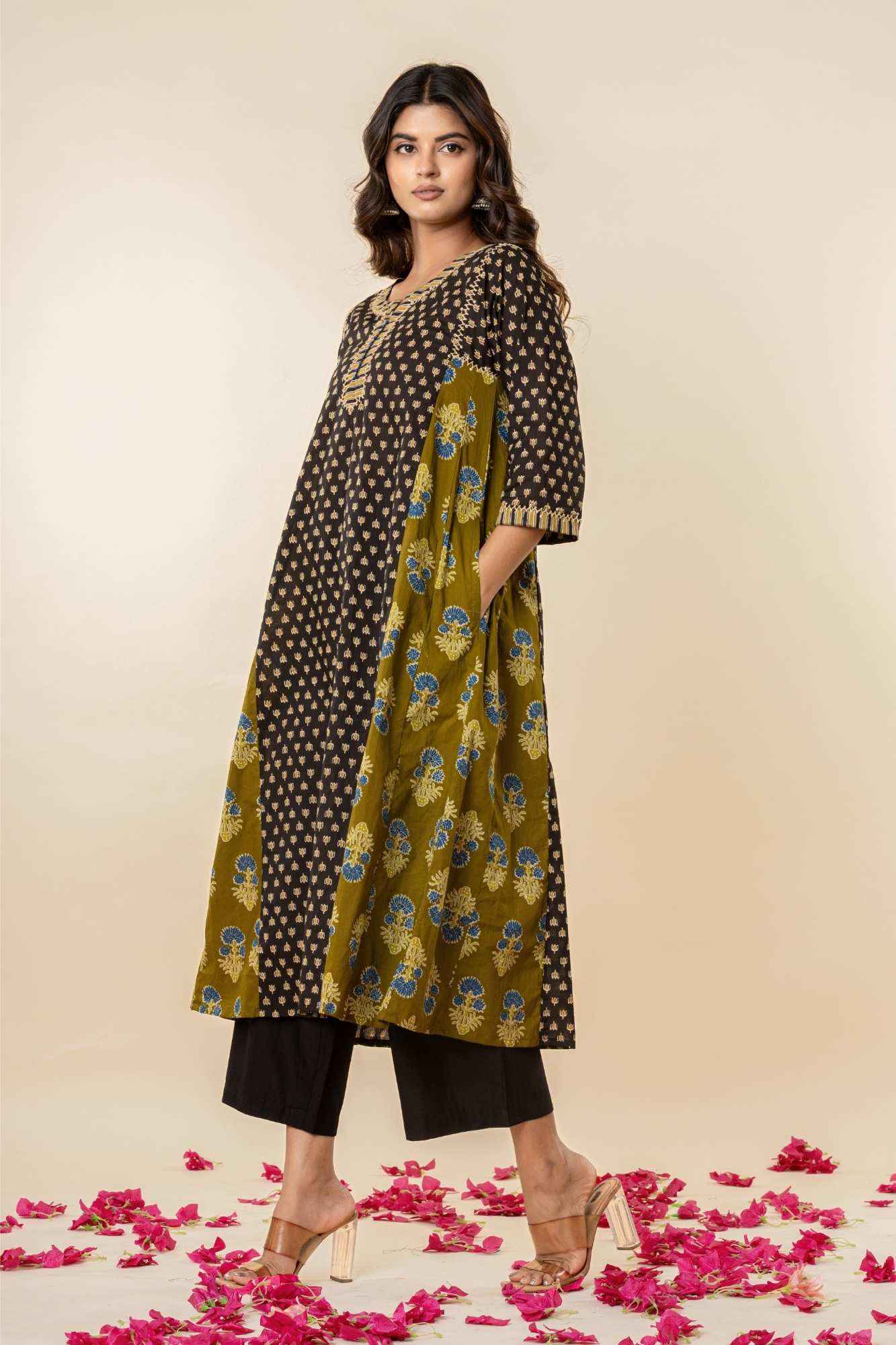 Olive & Black A-Line Cotton Kurta with Sequins