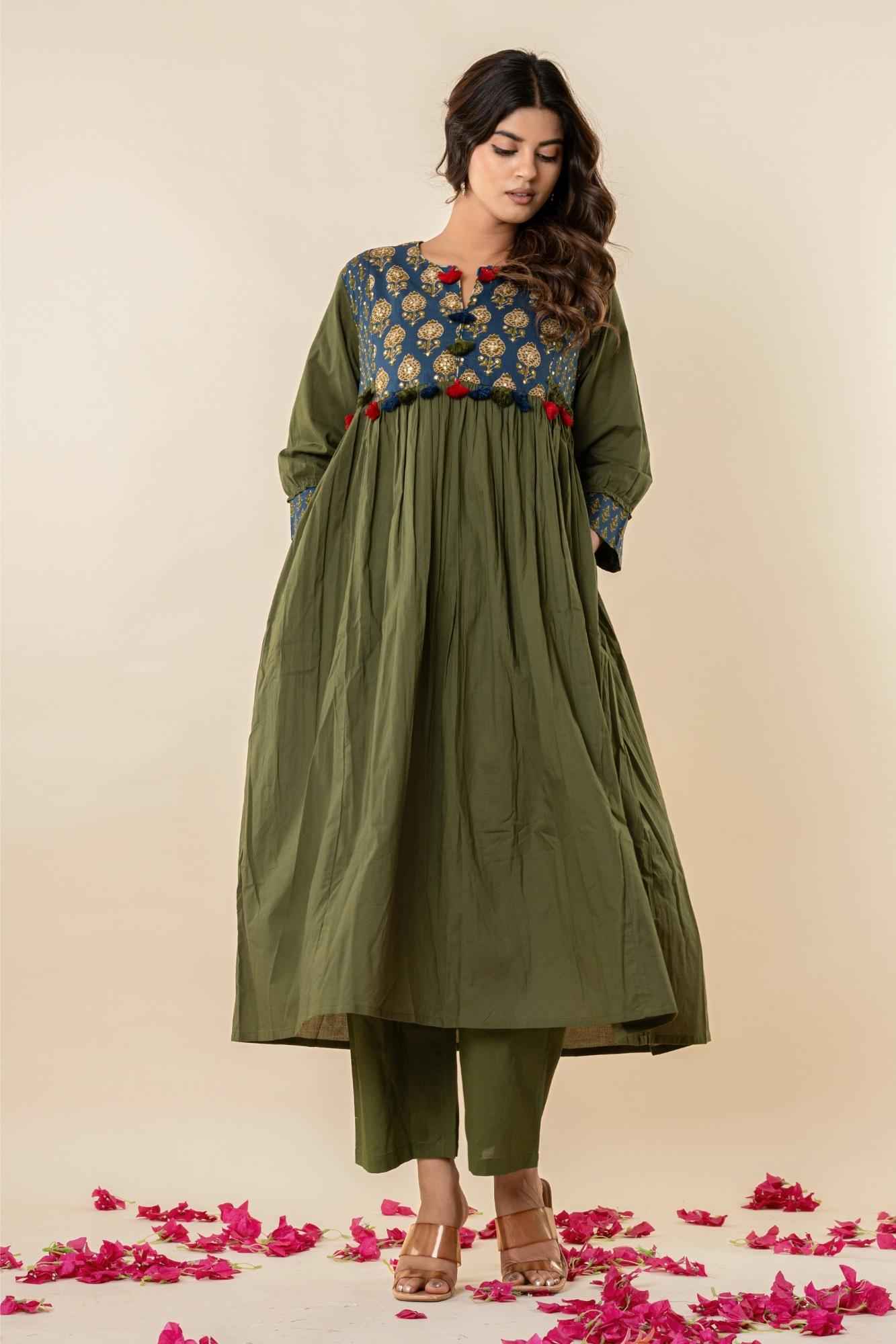 Olive Gathered Kurta Set with Printed Yoke