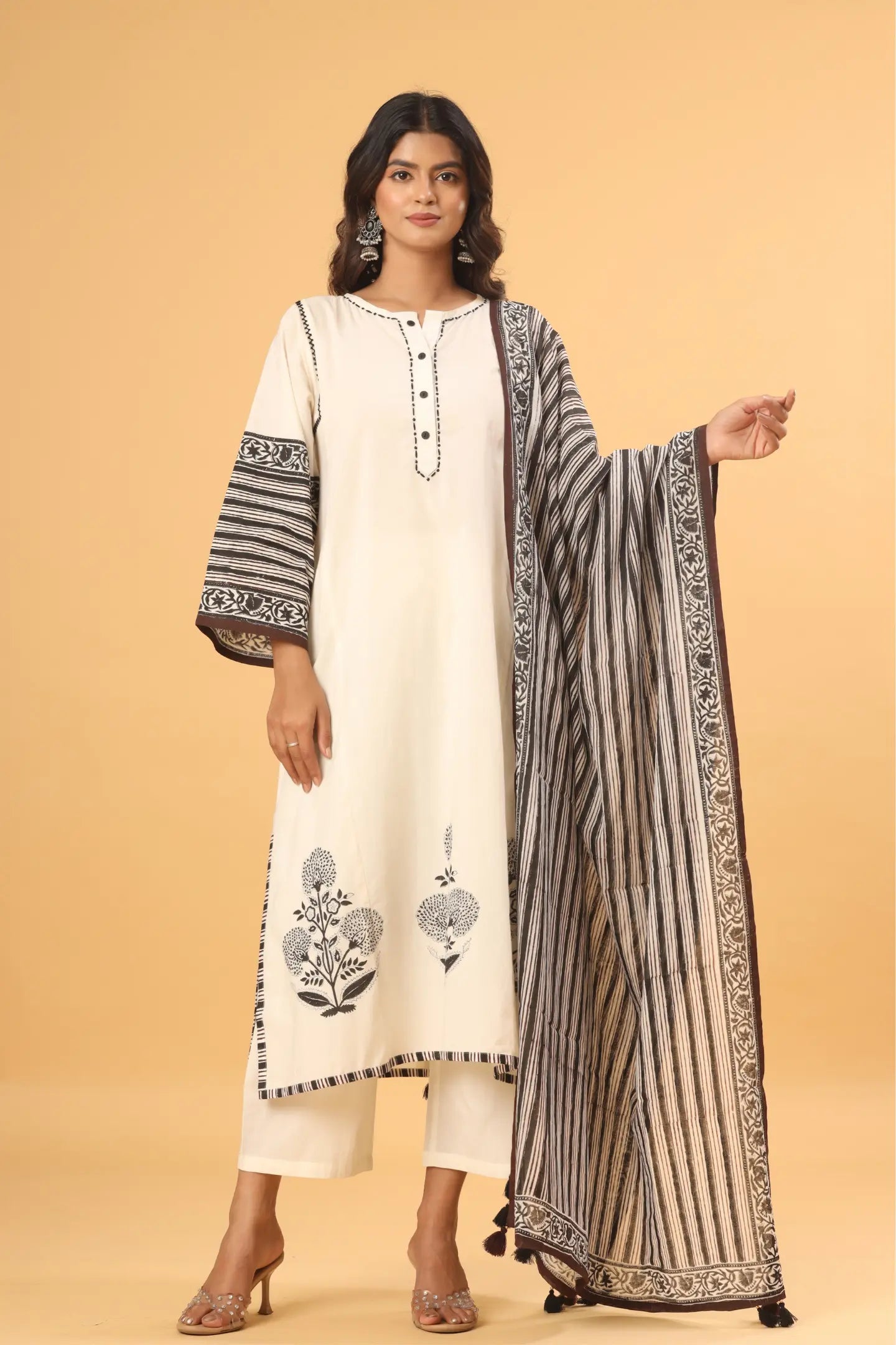 Ivory Whisper Hand-Printed Kurta (Pants and Dupatta included)