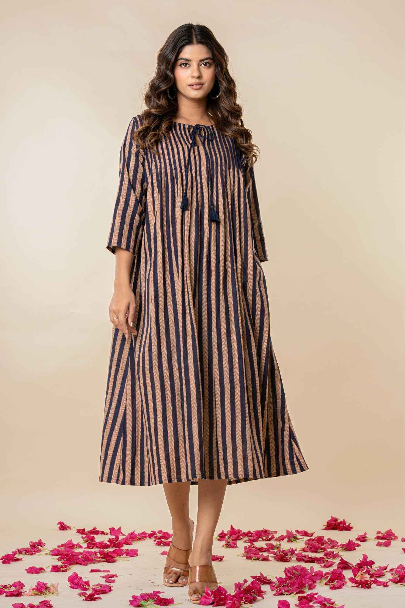 Striped A-Line Cotton Kurta with Tassel Tie-Up