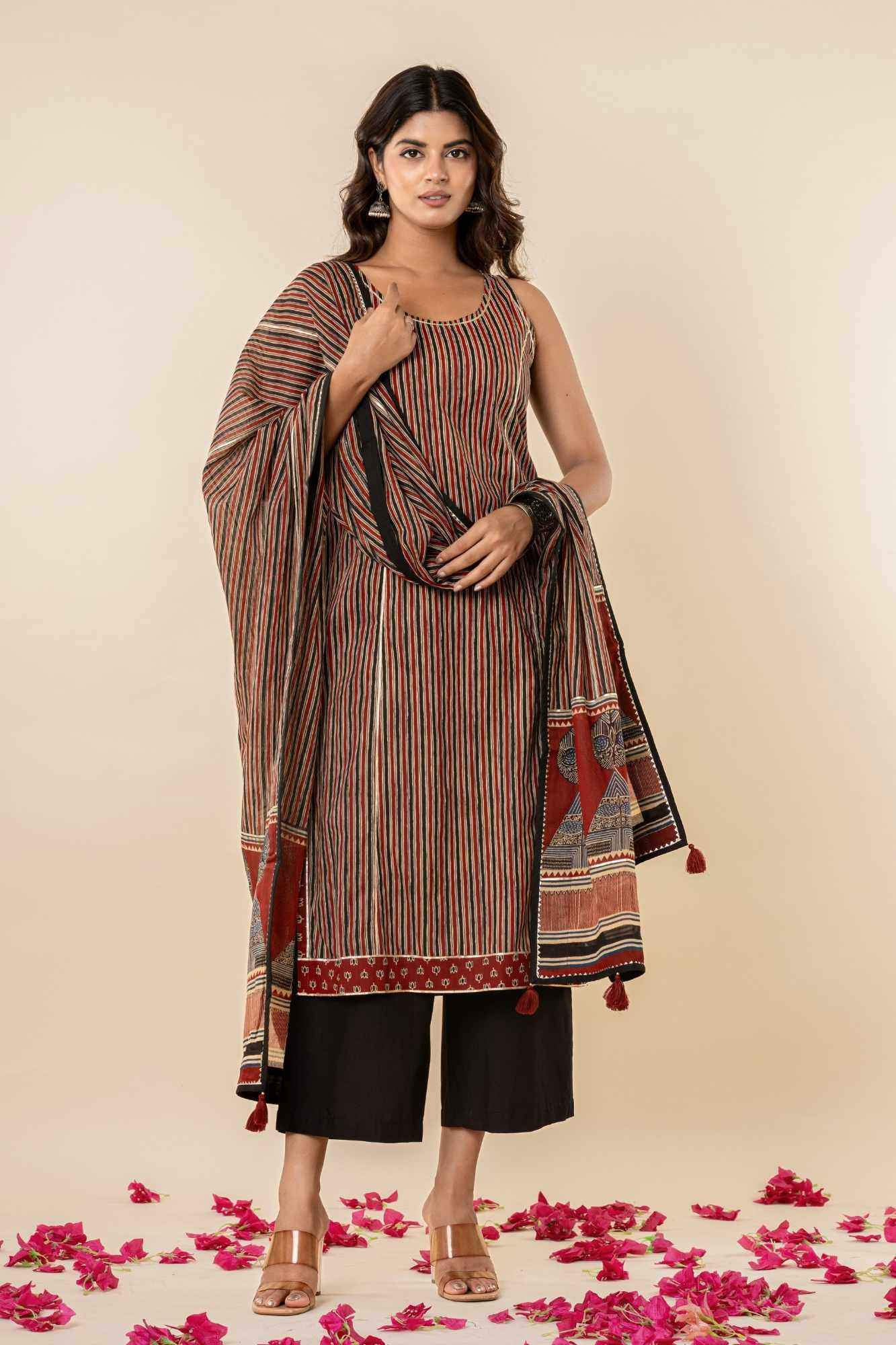Striped Cotton Sleeveless Kurta Set with Dupatta (Set of 3)