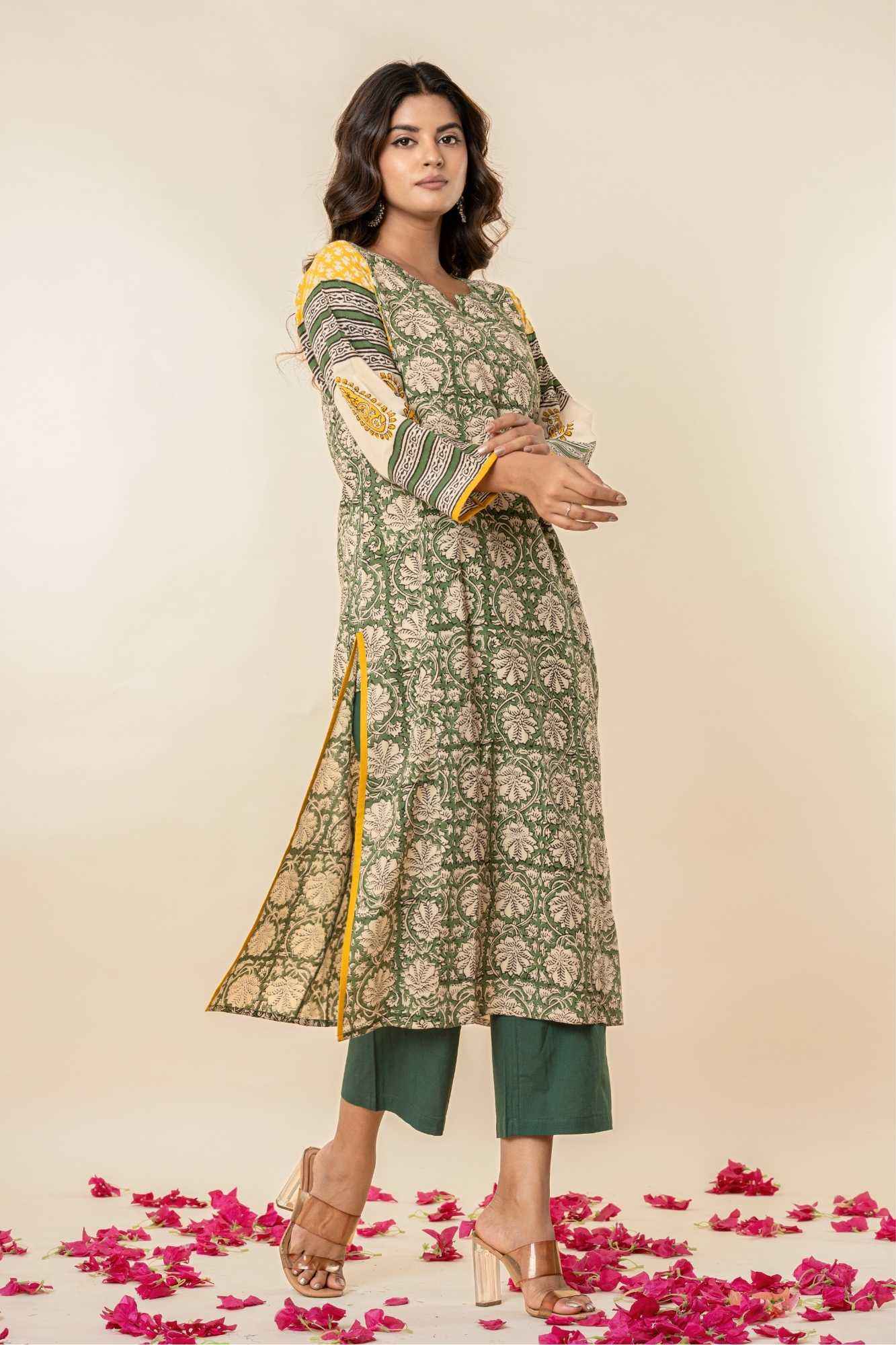 Green & Yellow Bagru Print Cotton Kurta Set