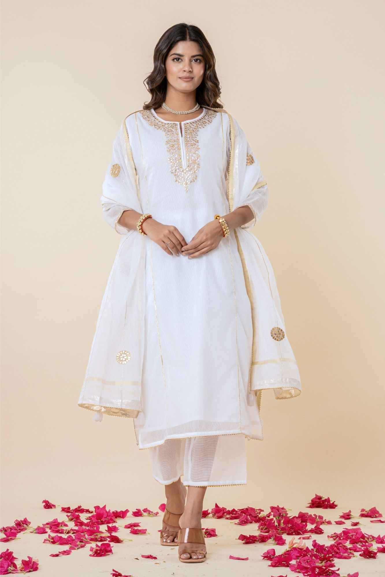 White Kota Doria Gota Patti Kurta (Set Of 3)