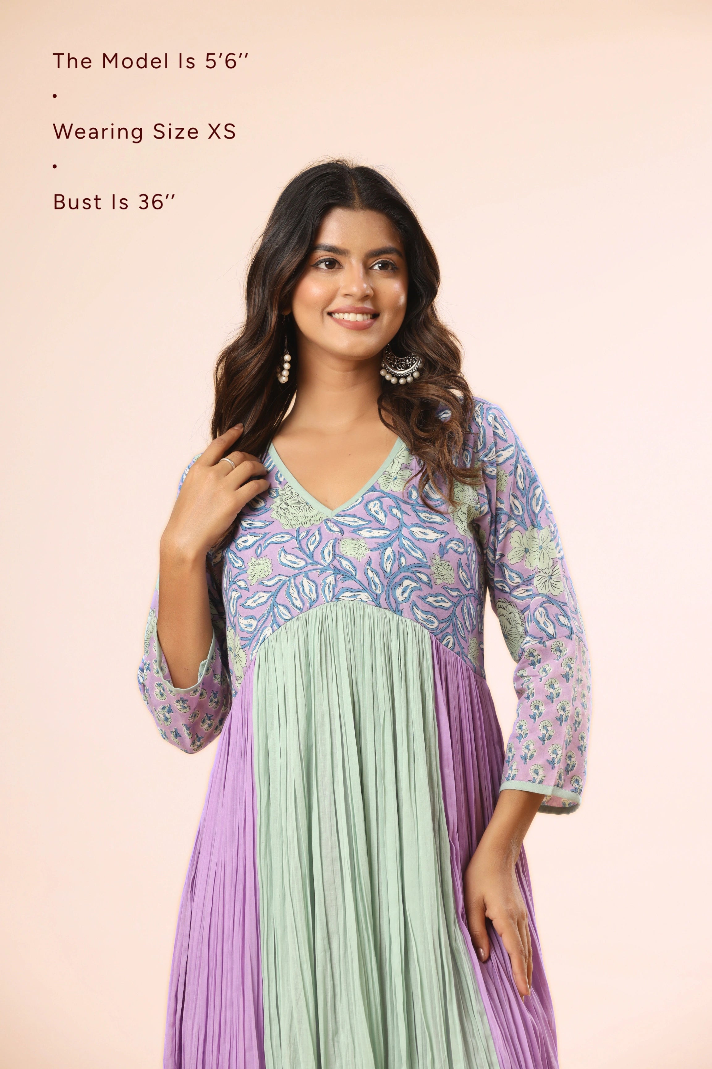 Lavender & Seafoam Floral Block Print Crinkle Anarkali (Pants included)