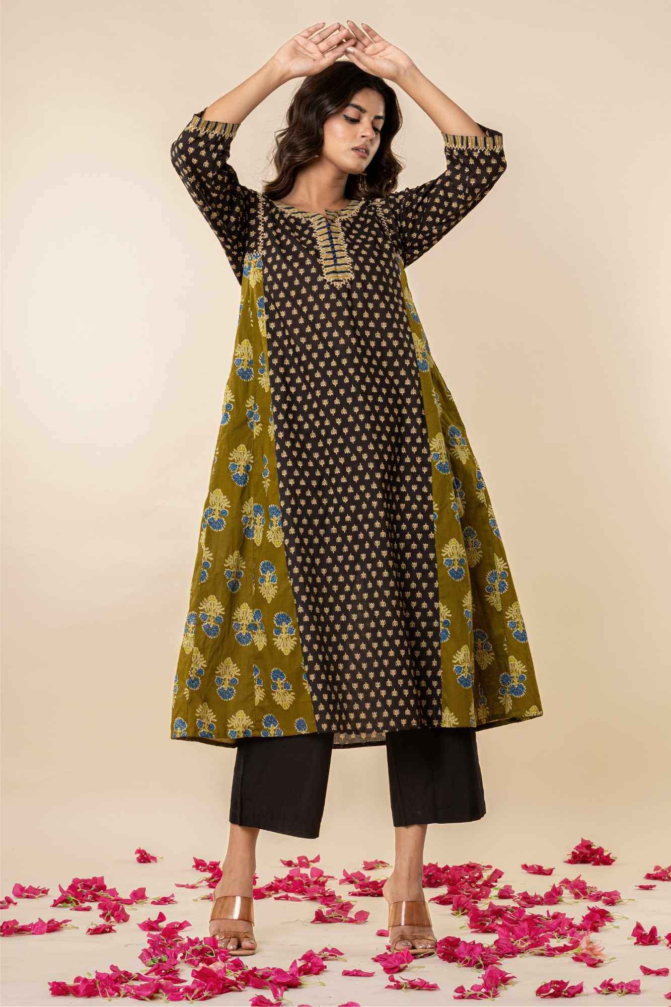 Olive & Black A-Line Cotton Kurta with Sequins