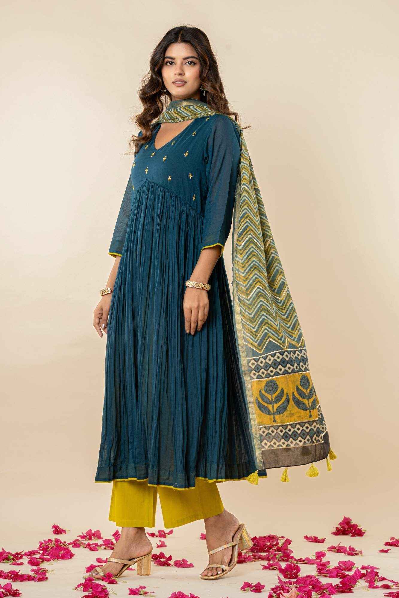 Teal Blue Kurti Pant Set with Vanaspati printed Dupatta (Set of 3)