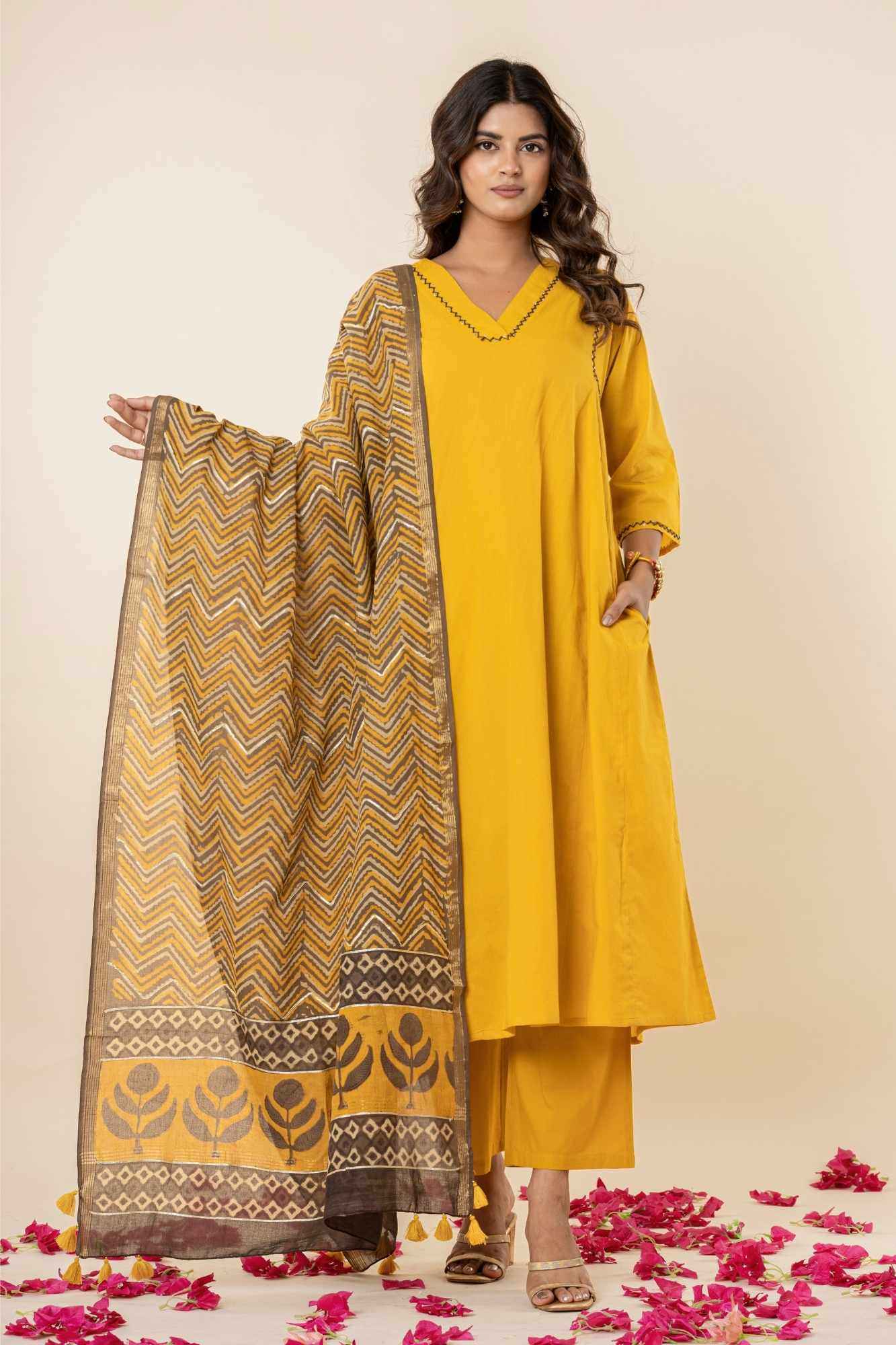 Golden Mustard A-Line Kurti Pant Set with Vanaspati Dupatta