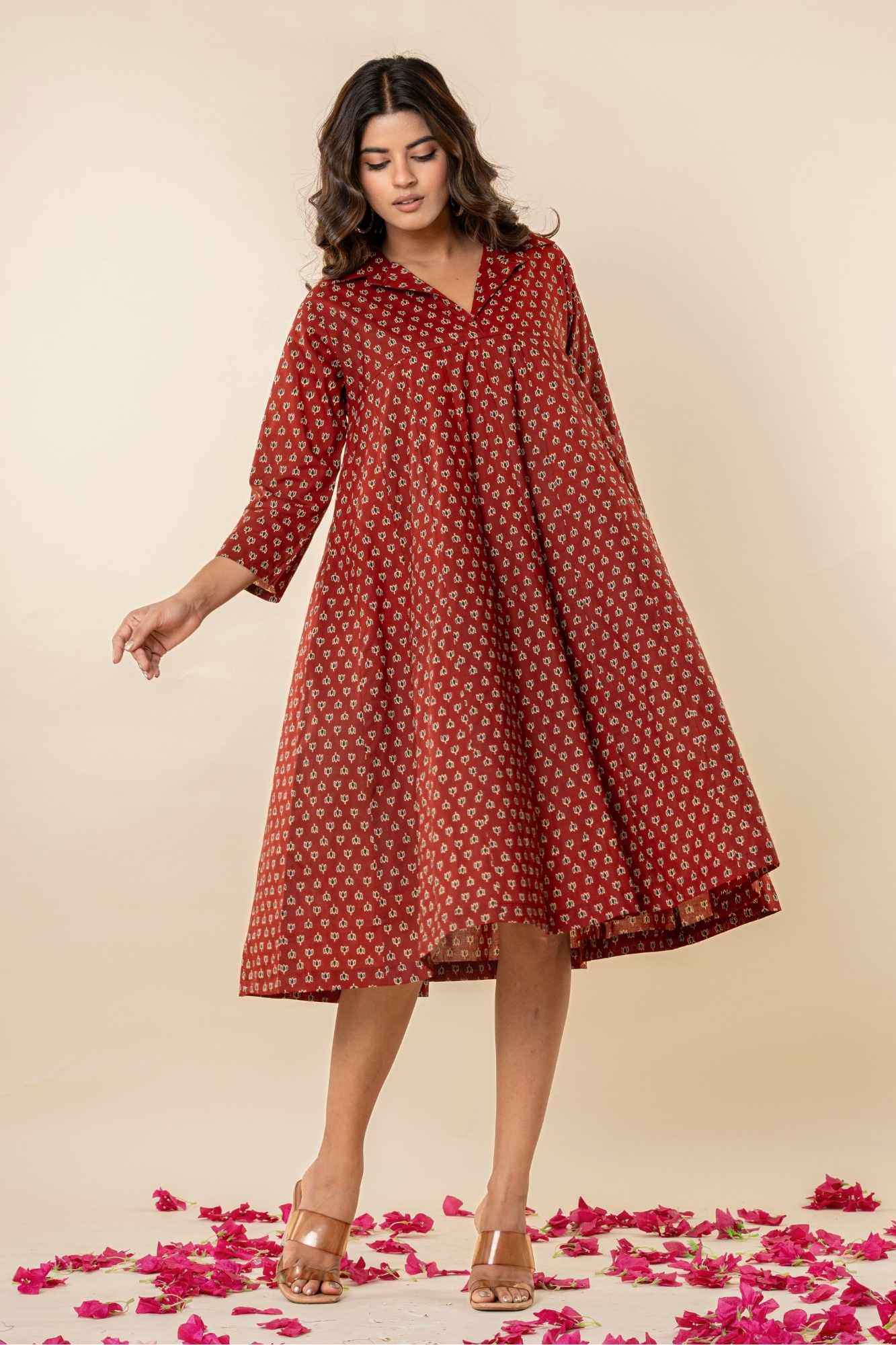 Maroon Collared A-Line Cotton Kurta