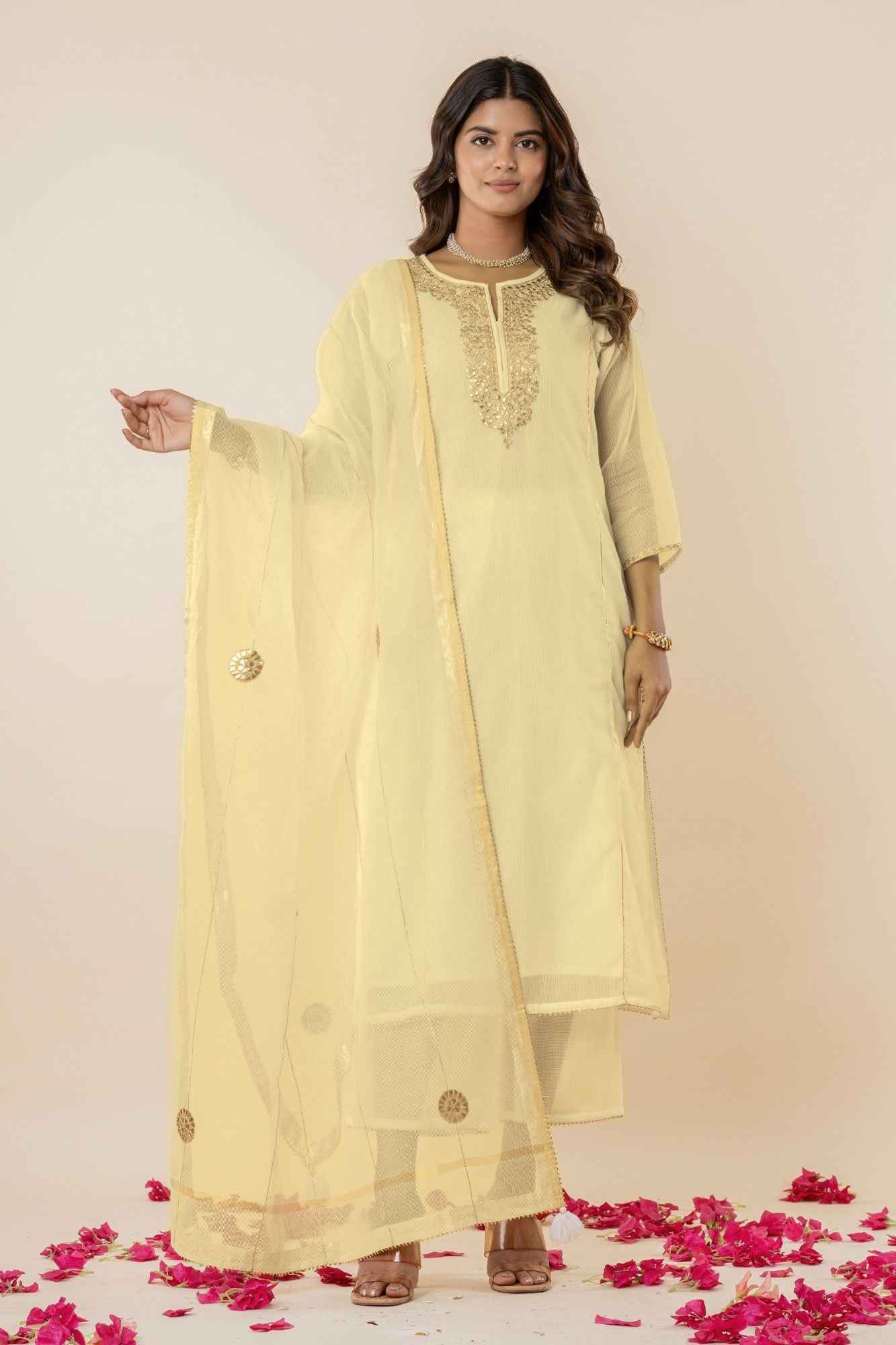 Butter yellow Kota Doria Gota Patti Kurta (Set of 3)