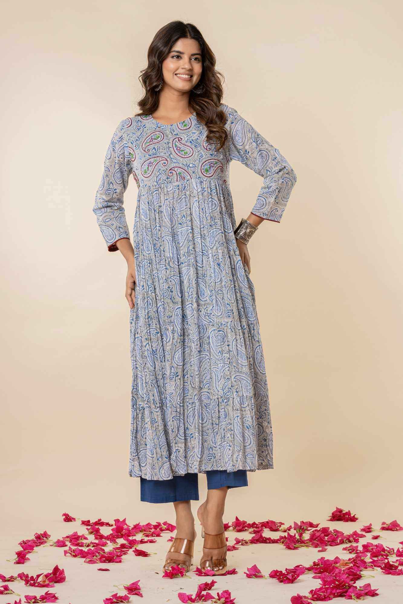 Grey-Blue Block Print Gathered Kurta Set