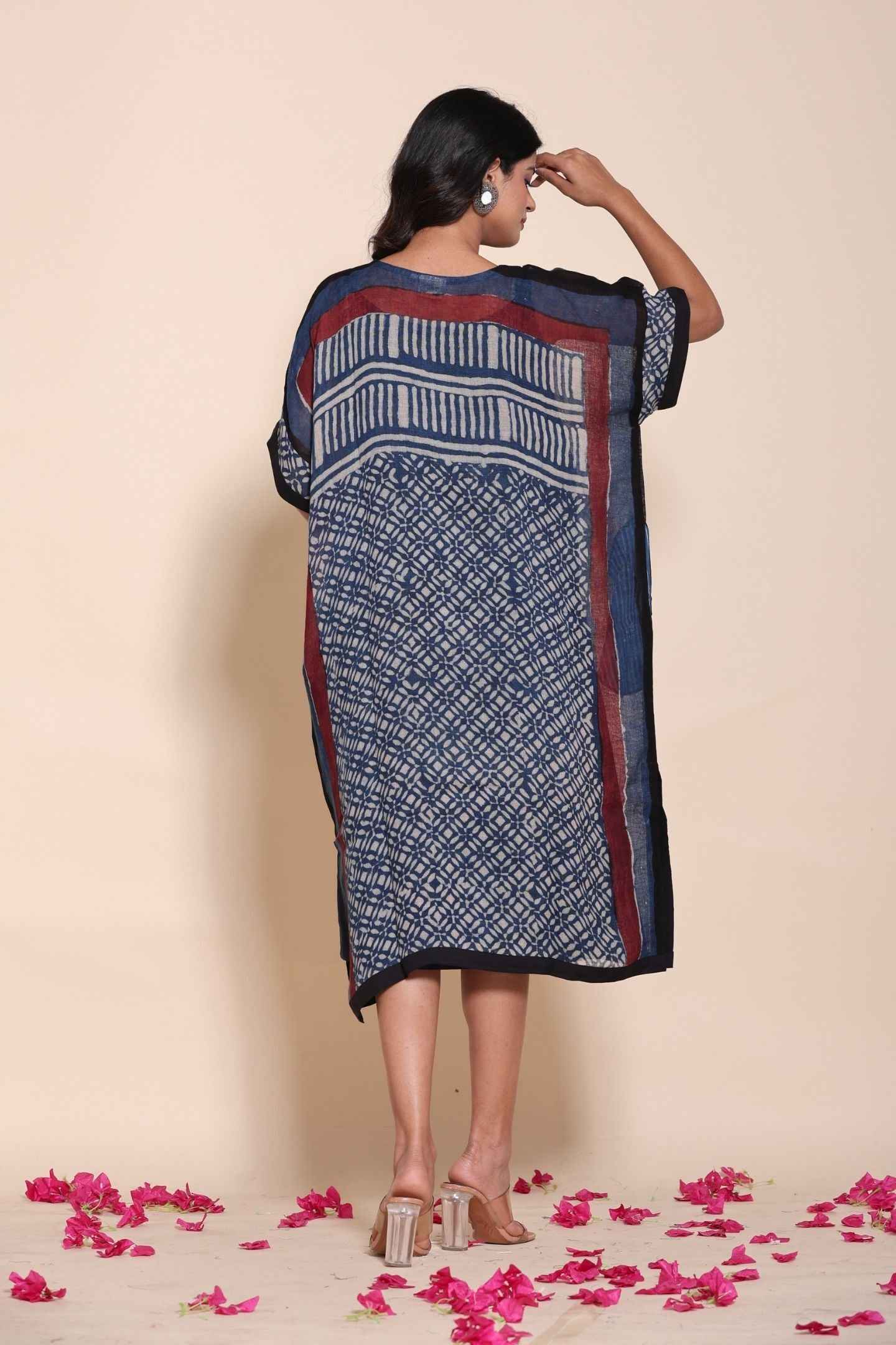 Naksh Pure Linen Free Size Blue Kaftan-Dress With Customizable Inner