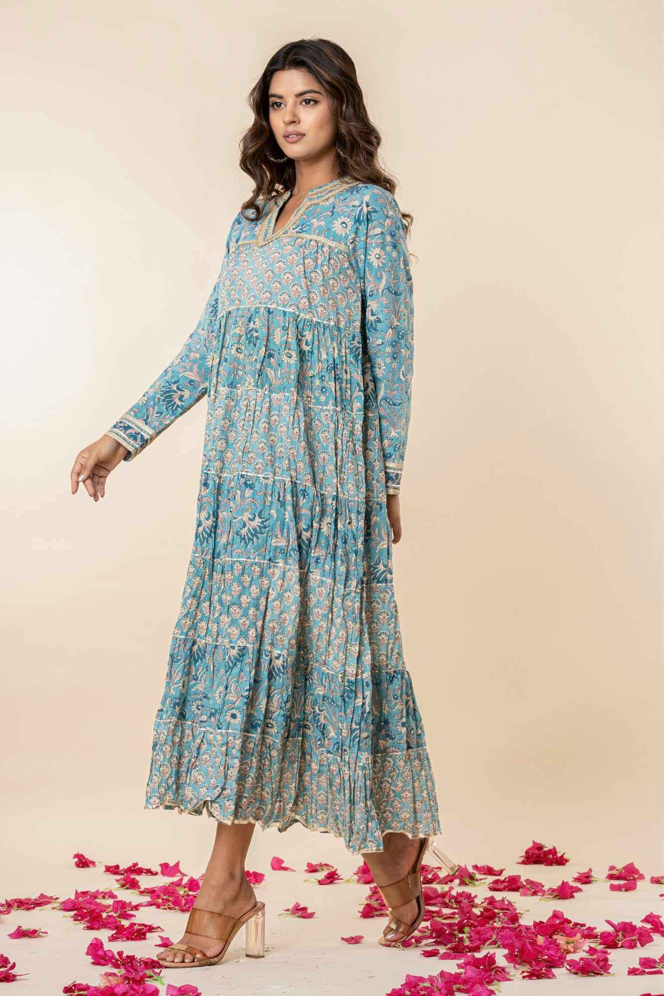 Blue Block Print Tiered Dress