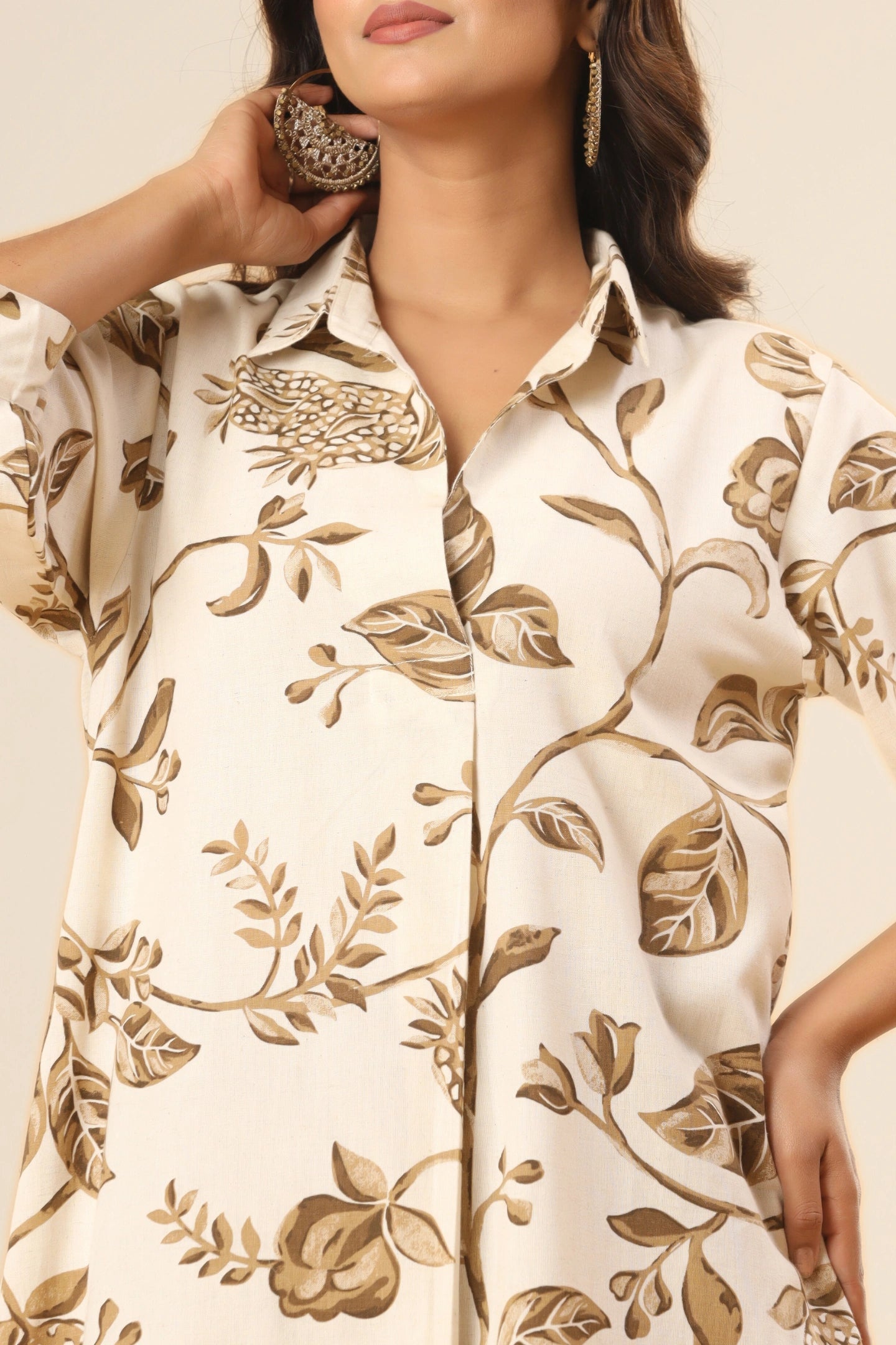 Gulnaar Floral A-Line Kurti – Earth Beige (Pants included)