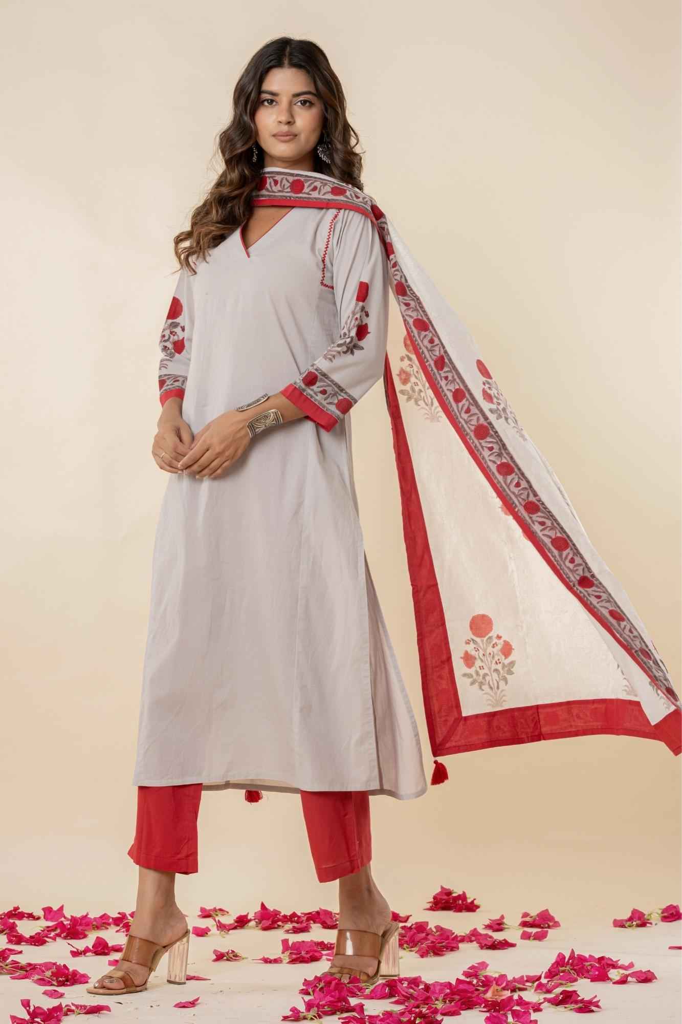 Light Grey Cotton Straight Kurta Set with Red Pants & Printed Dupatta (Set of 3)