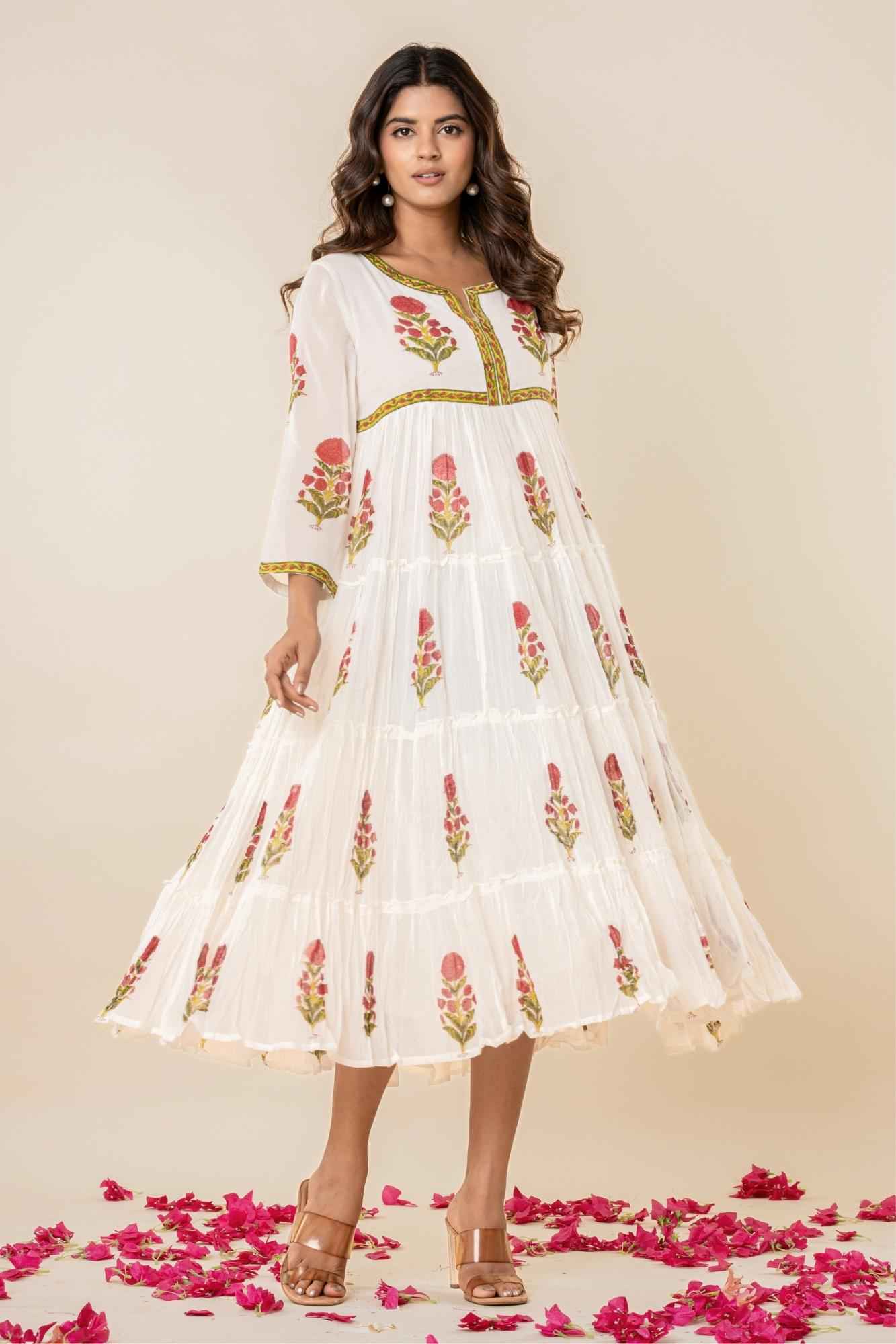 White Floral Block Print Mul Mul Tiered Kurta