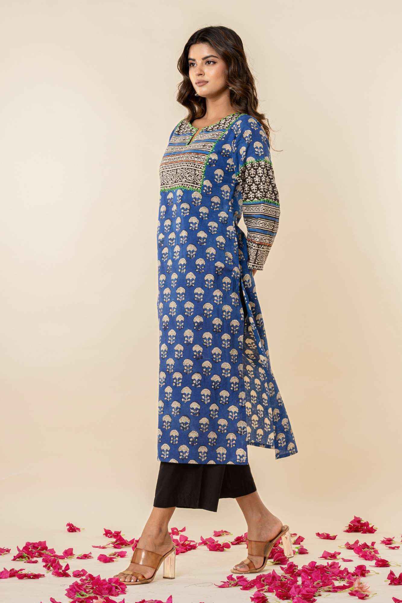Blue Sanganeri Print Straight Cotton Kurta