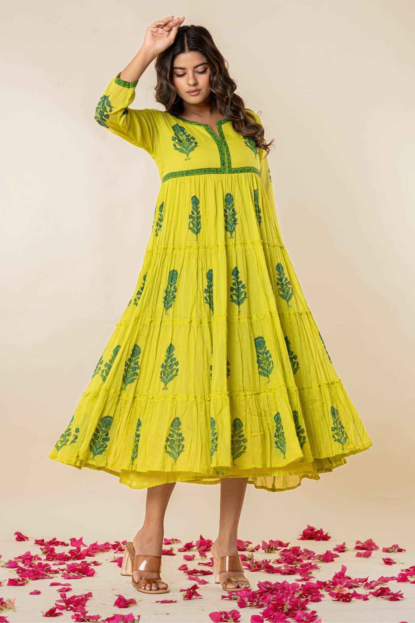 Bright Lime Green Mulmul Tiered Kurta