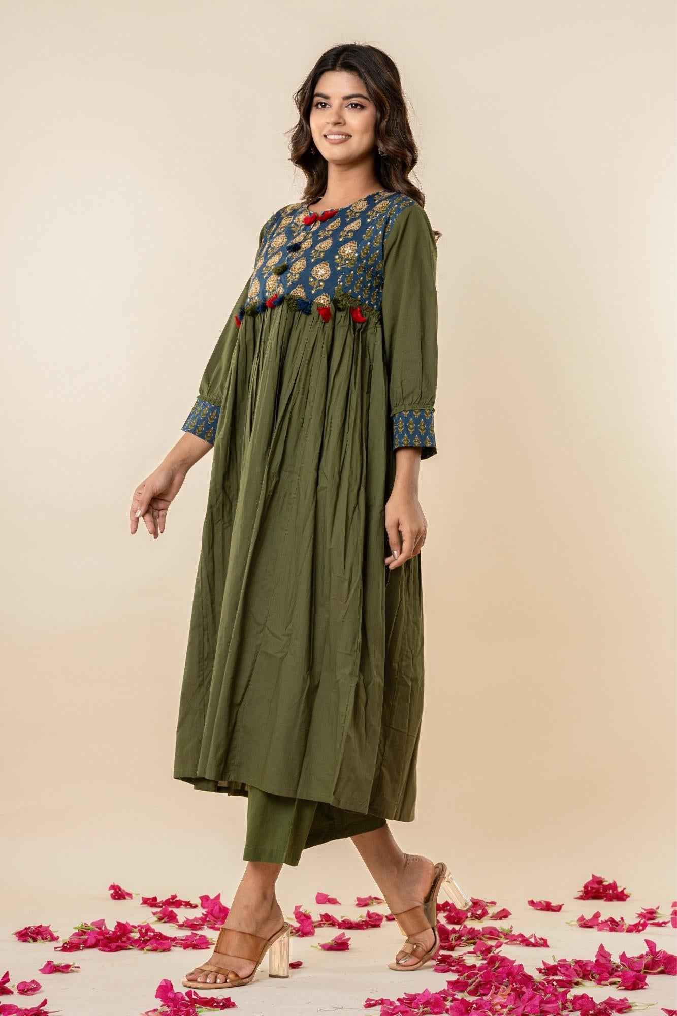 Olive Gathered Kurta Set with Printed Yoke