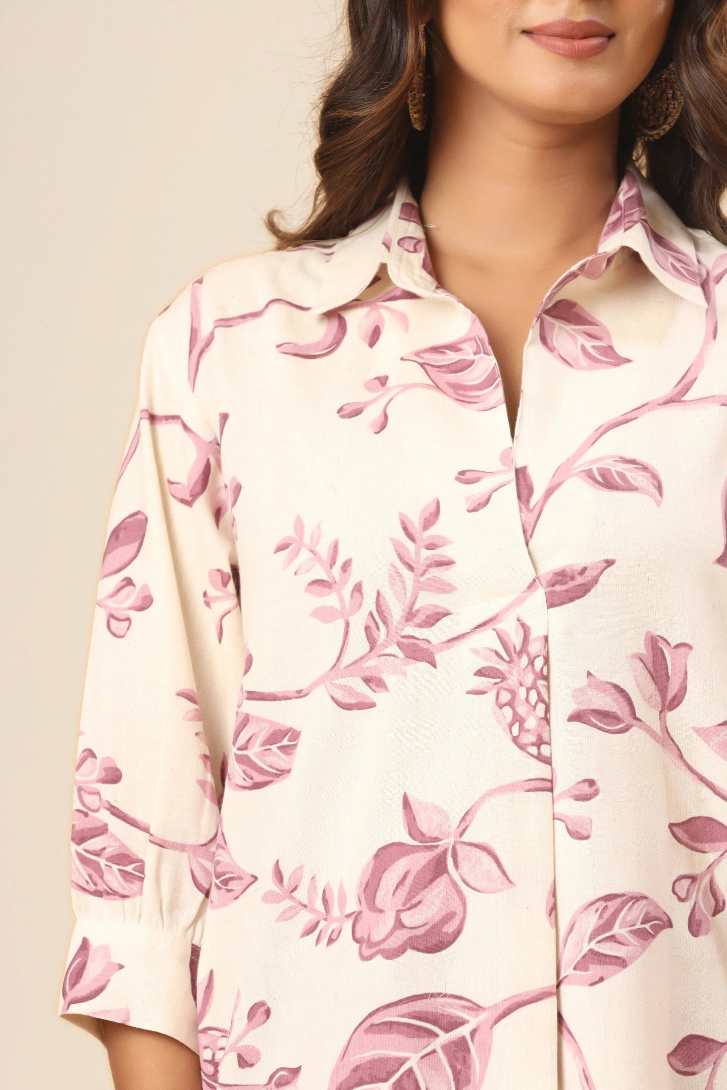 Gulnaar Floral A-Line Kurti – Earth Beige (Pants included)