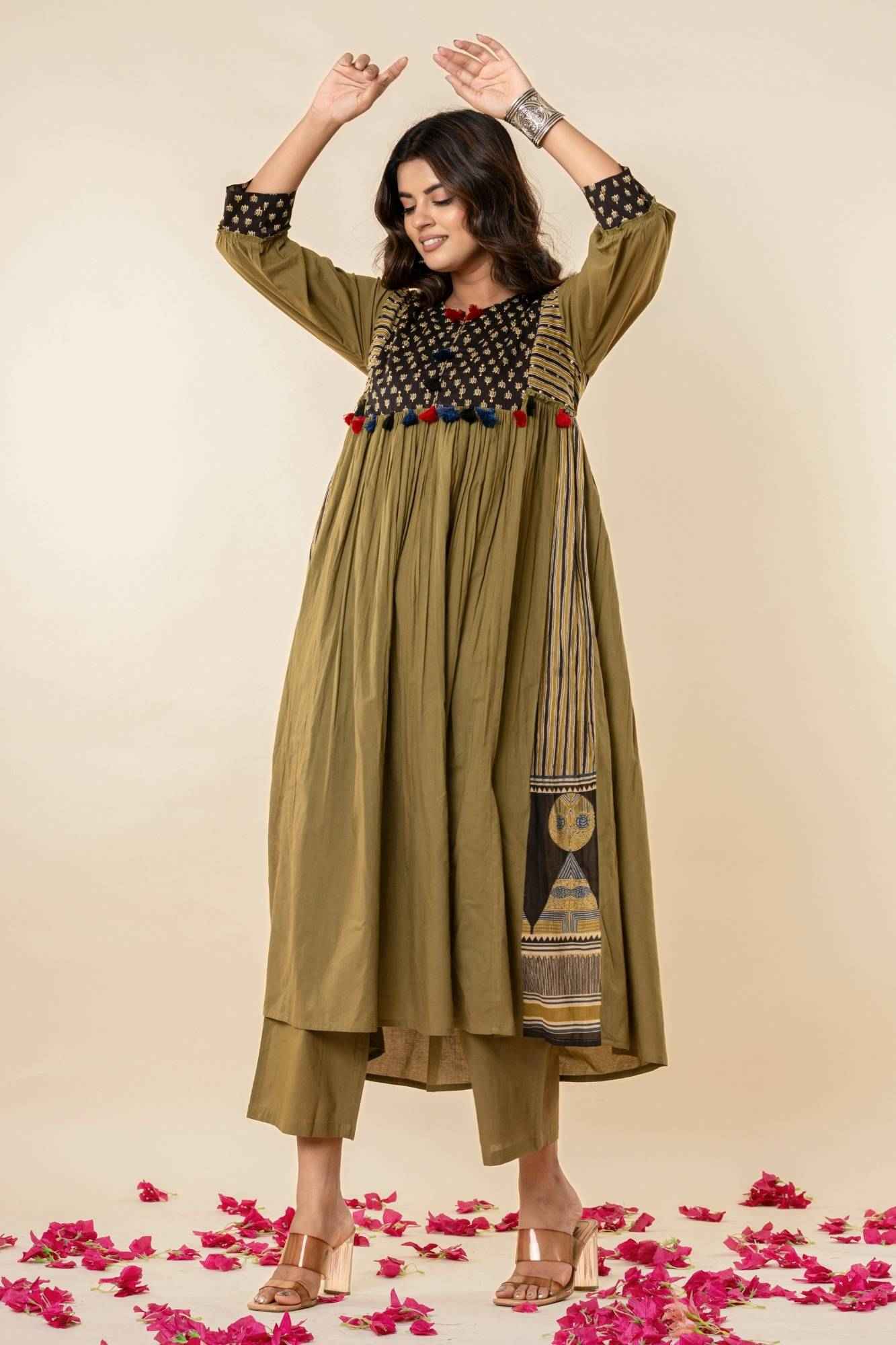 Olive Gathered Kurta Set with Tassels