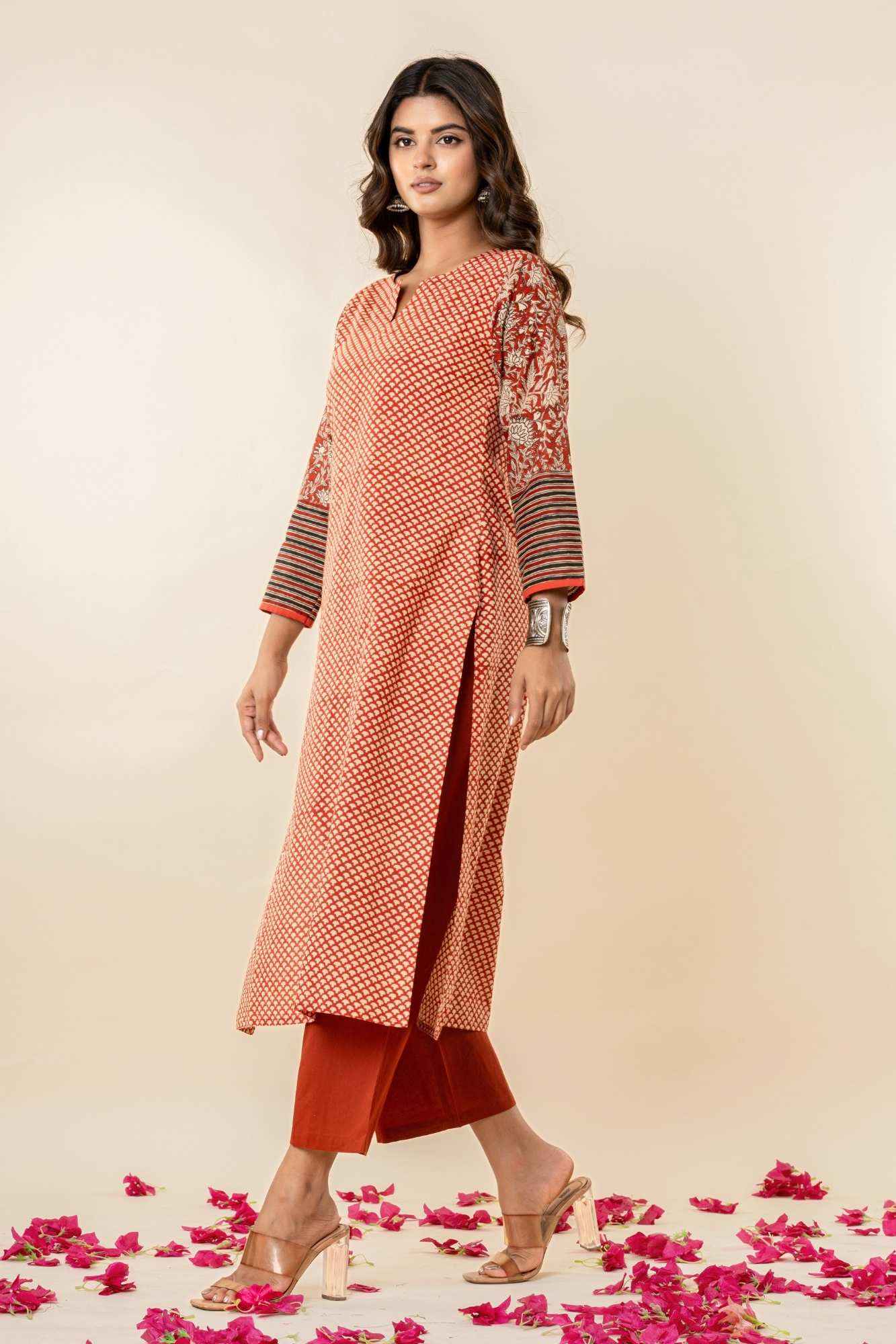 Rust Cotton Straight Kurta Set with Patchwork Sleeves (Set of 2)