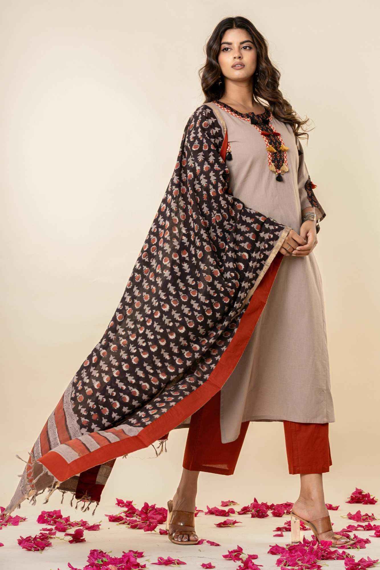 Taupe Cotton Kurta Set with Printed Dupatta (Set of 3)