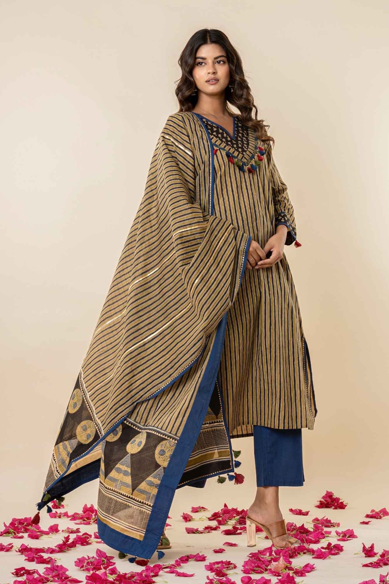 Ajrakh Printed Striped A-Line Kurti Pant Set with Dupatta
