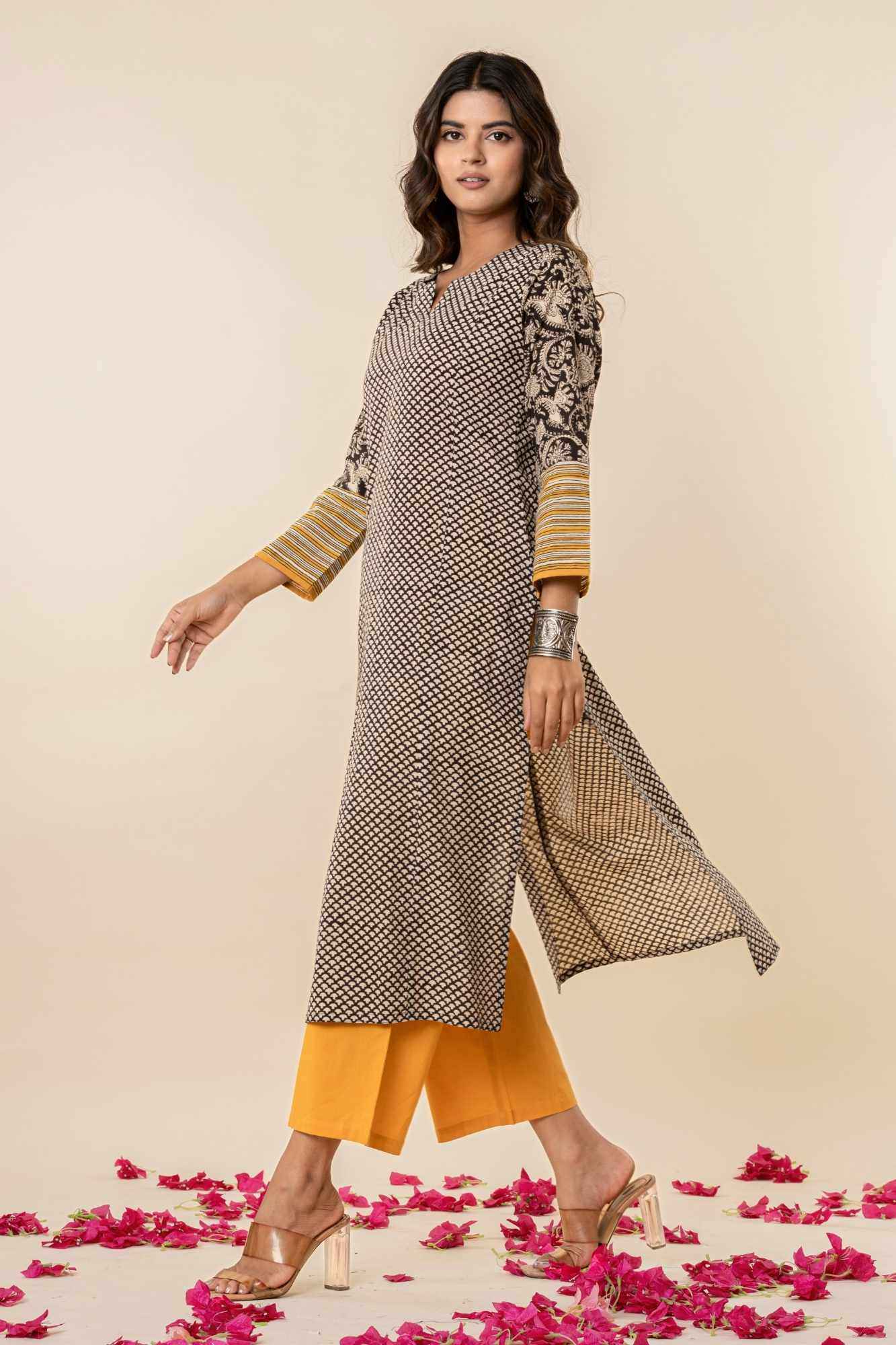 Black Cotton Straight Kurta Set with Patchwork Sleeves (Set of 2)