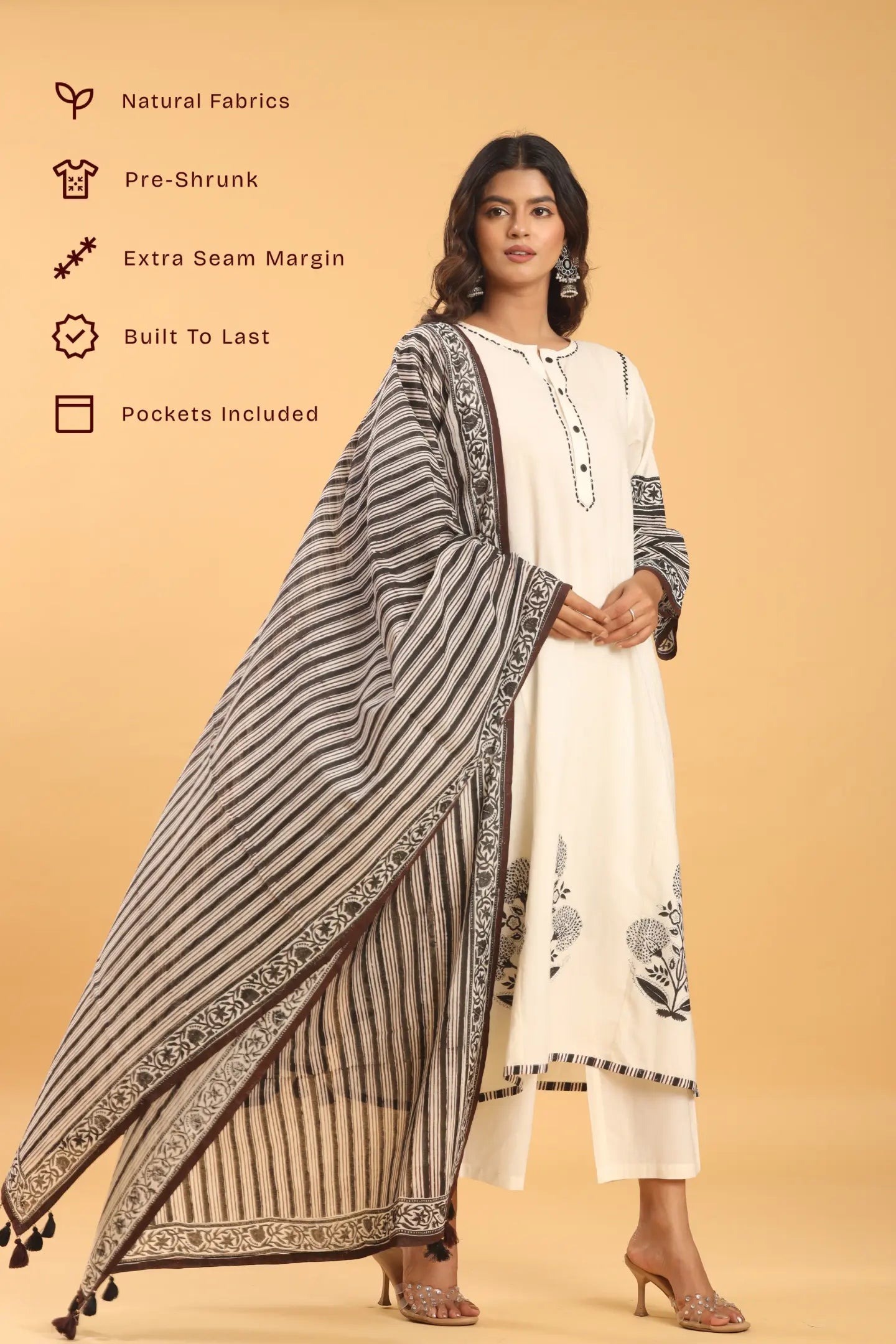 Ivory Whisper Hand-Printed Kurta (Pants and Dupatta included)