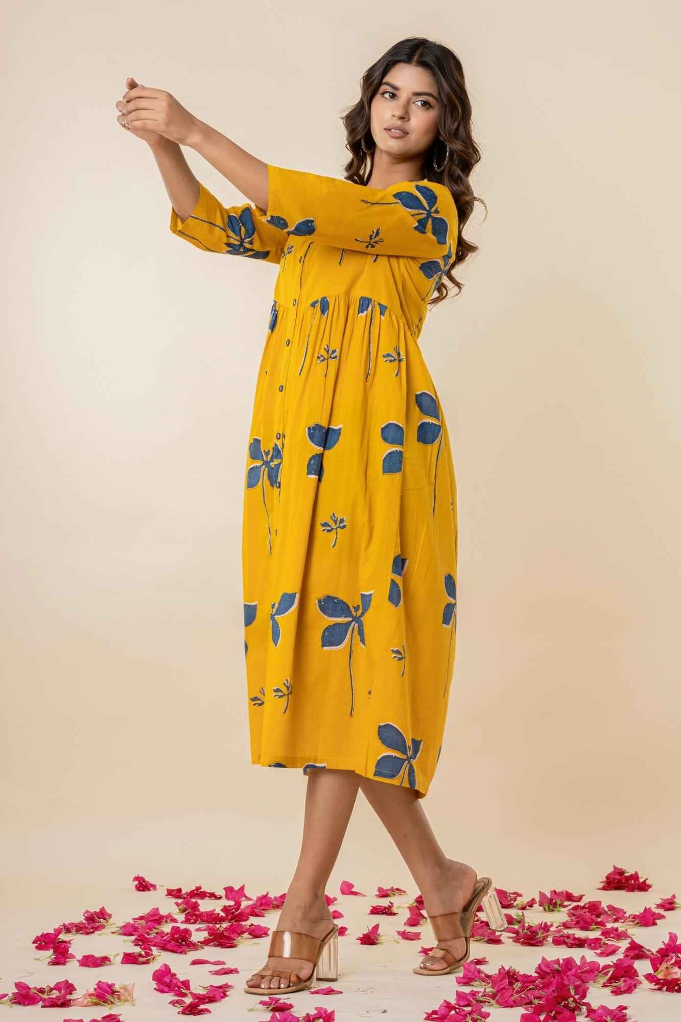 Mustard Yellow Cotton Button-Down Dress