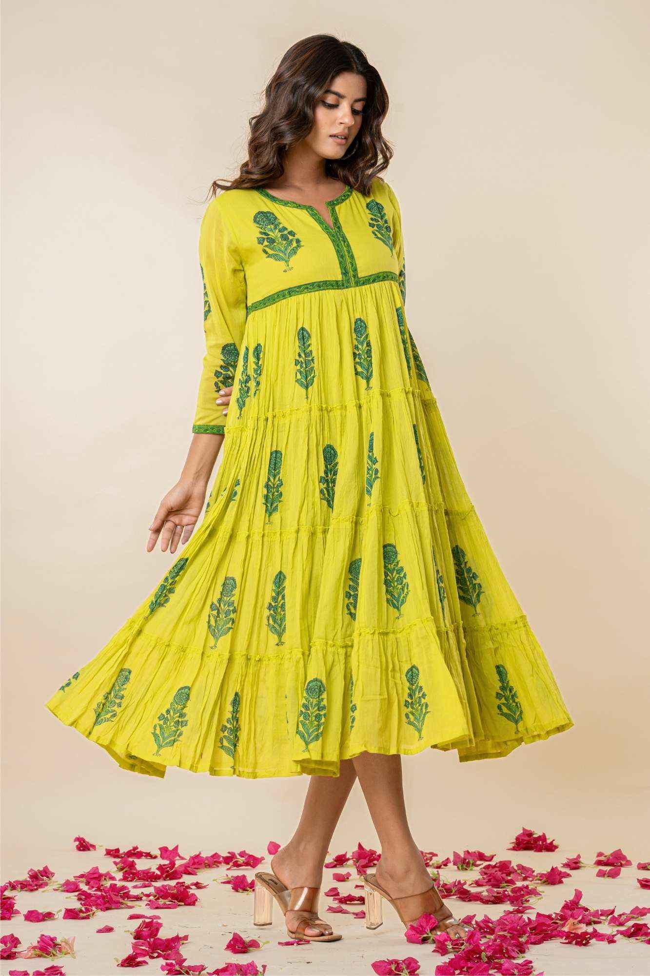 Bright Lime Green Mulmul Tiered Kurta