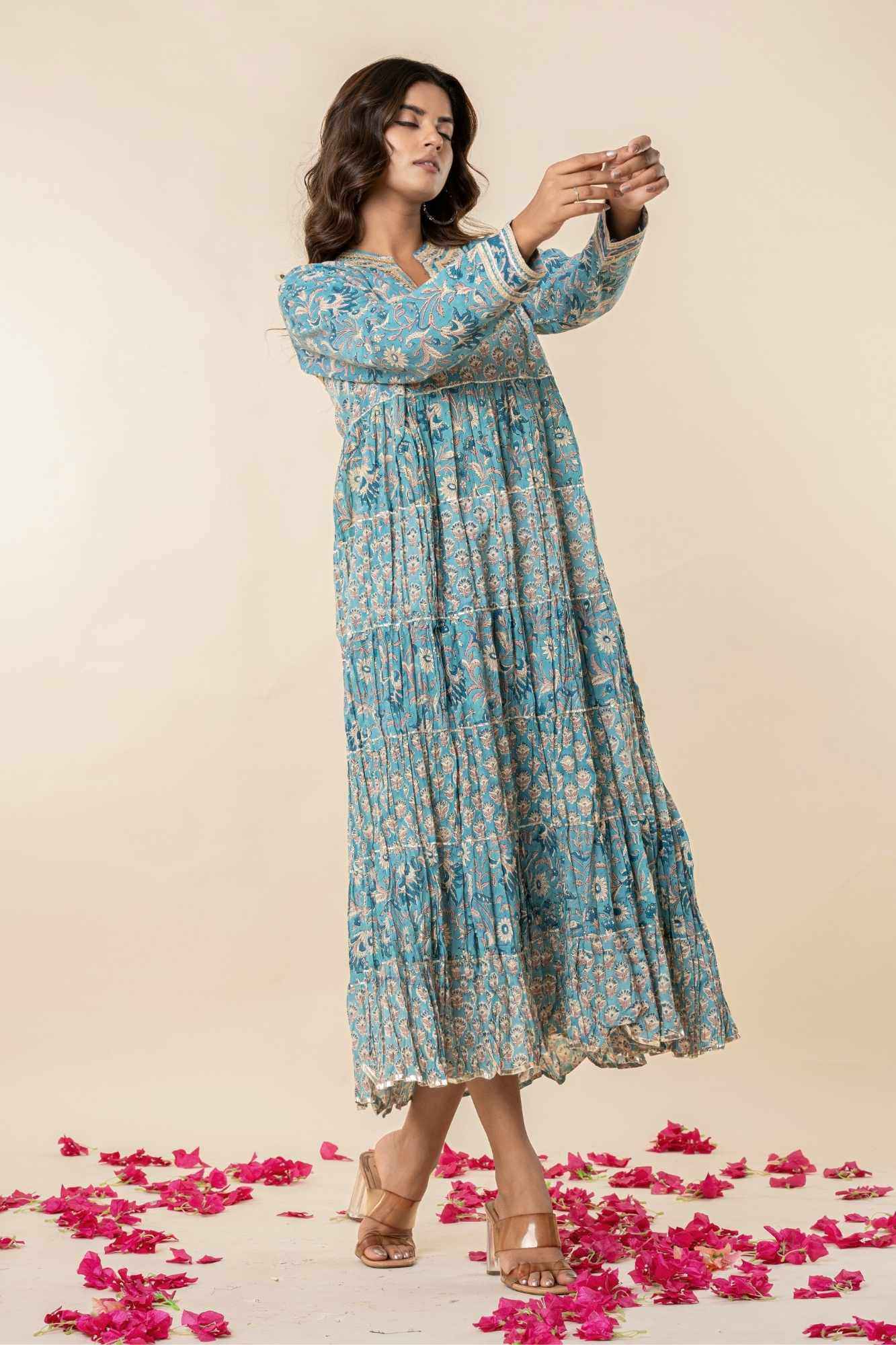 Blue Block Print Tiered Dress