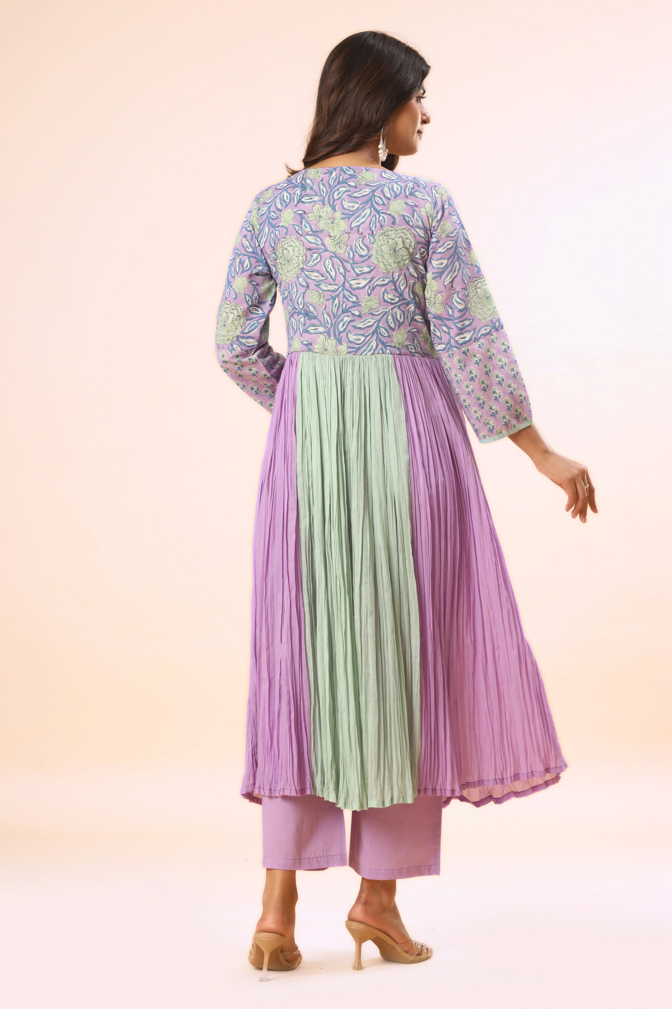 Lavender & Seafoam Floral Block Print Crinkle Anarkali (Pants included)