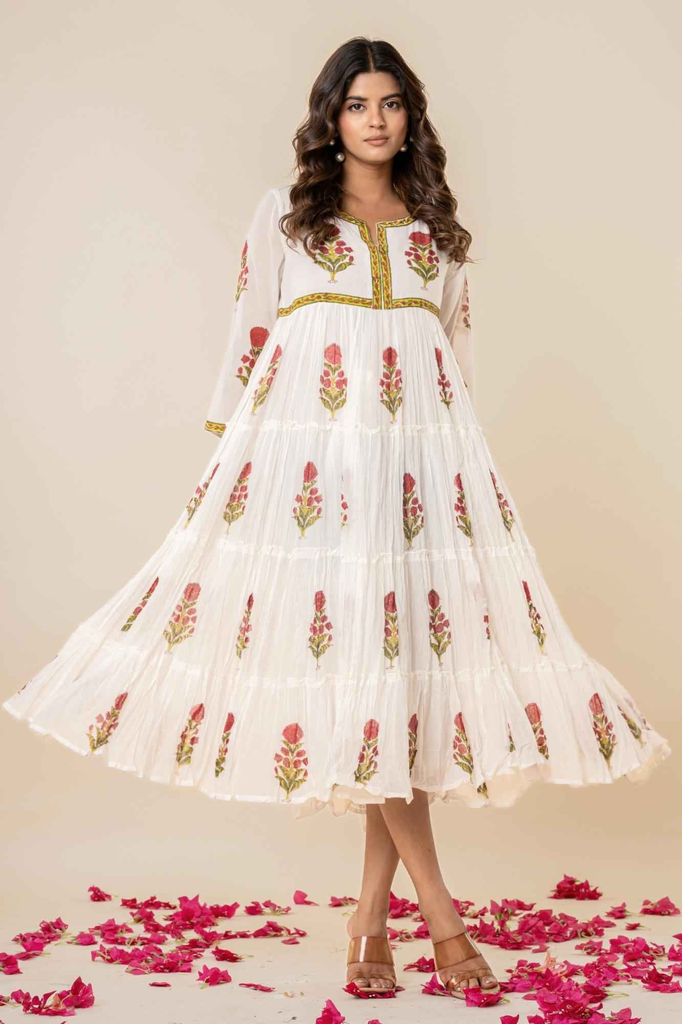 White Floral Block Print Mul Mul Tiered Kurta