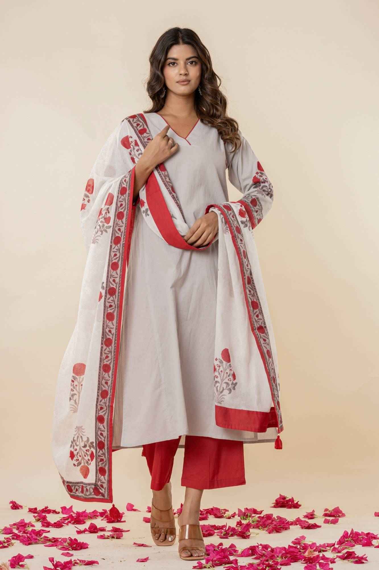 Light Grey Cotton Straight Kurta Set with Red Pants & Printed Dupatta (Set of 3)