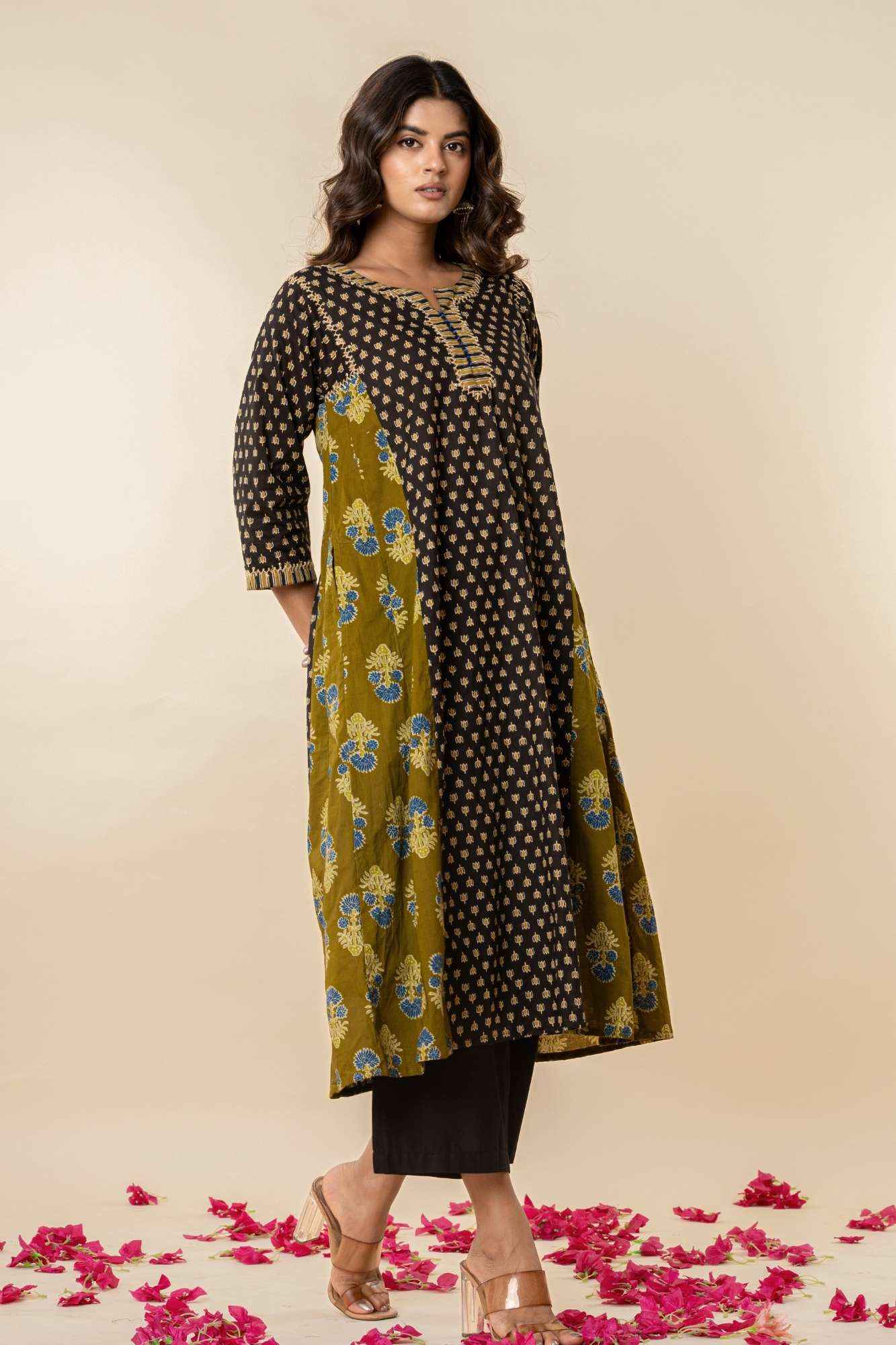 Olive & Black A-Line Cotton Kurta with Sequins