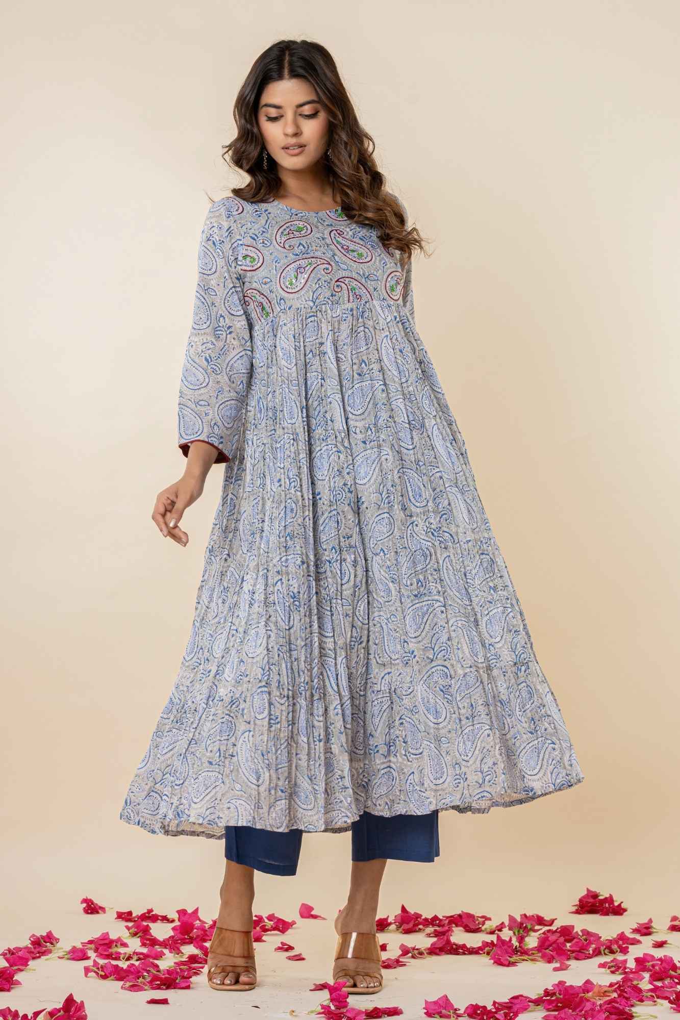 Grey-Blue Block Print Gathered Kurta Set