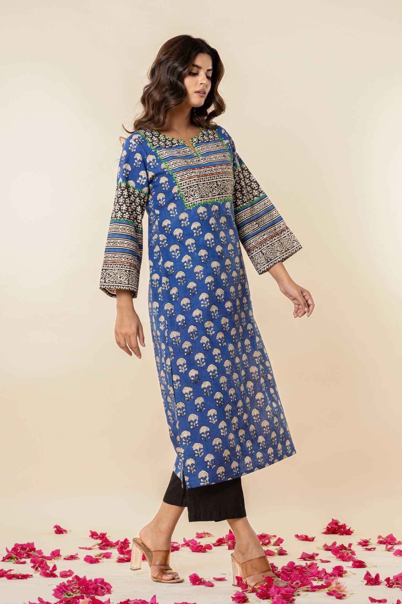 Blue Sanganeri Print Straight Cotton Kurta