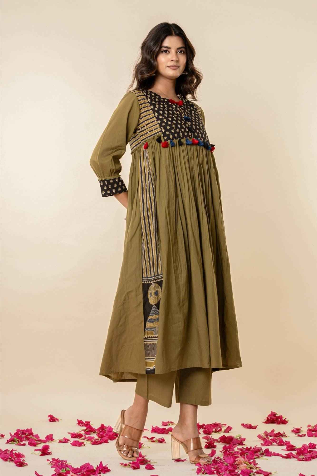 Olive Gathered Kurta Set with Tassels