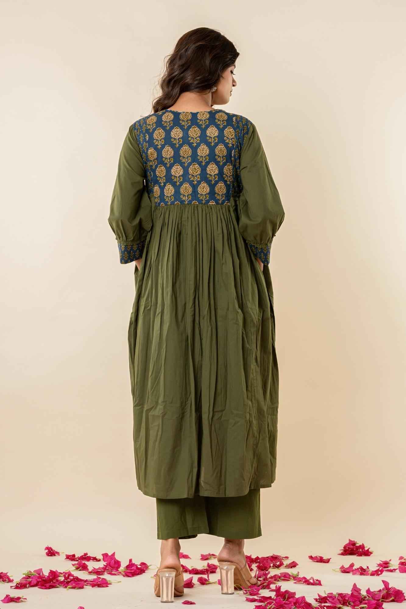 Olive Gathered Kurta Set with Printed Yoke