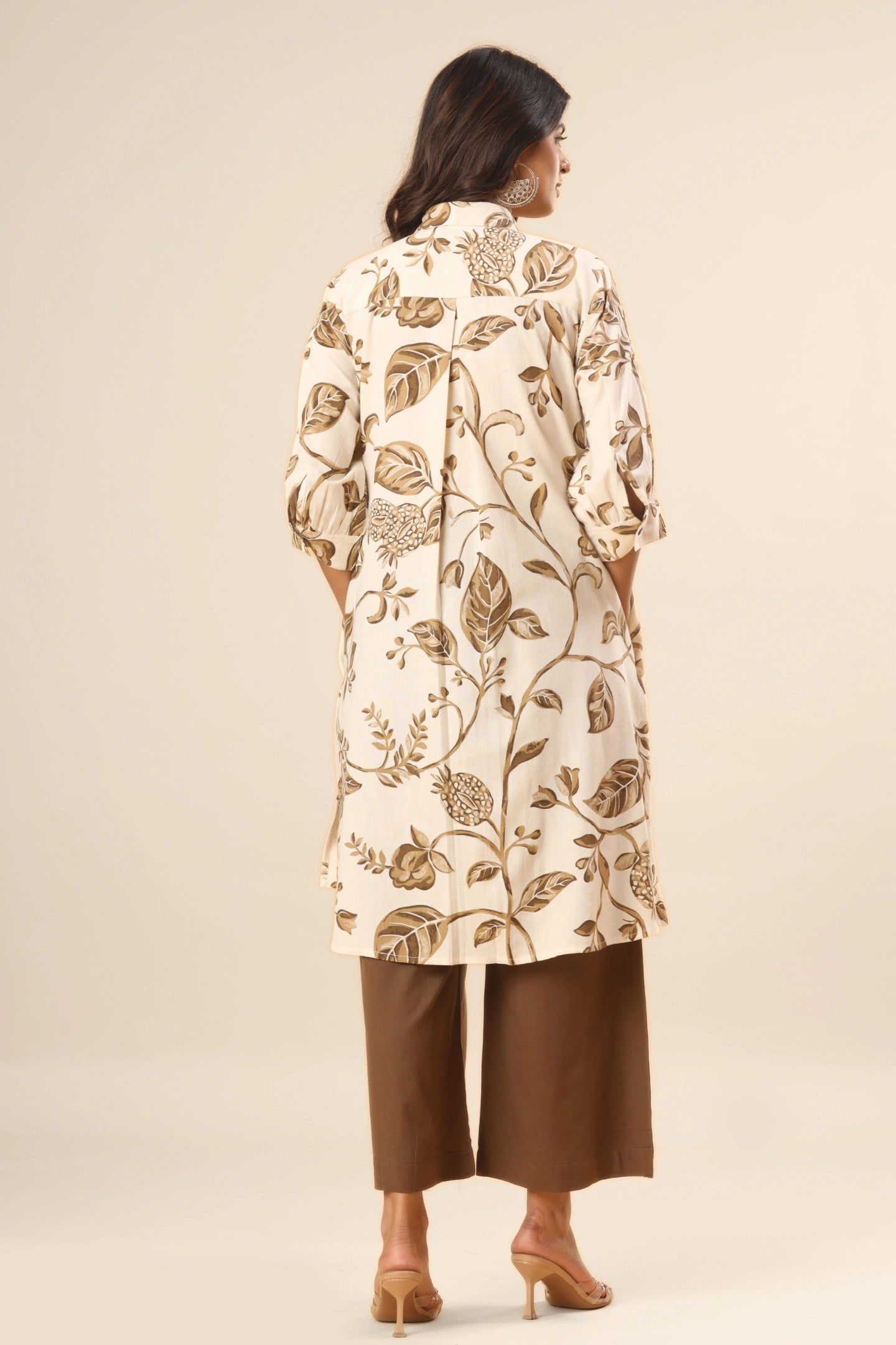 Gulnaar Floral A-Line Kurti – Earth Beige (Pants included)