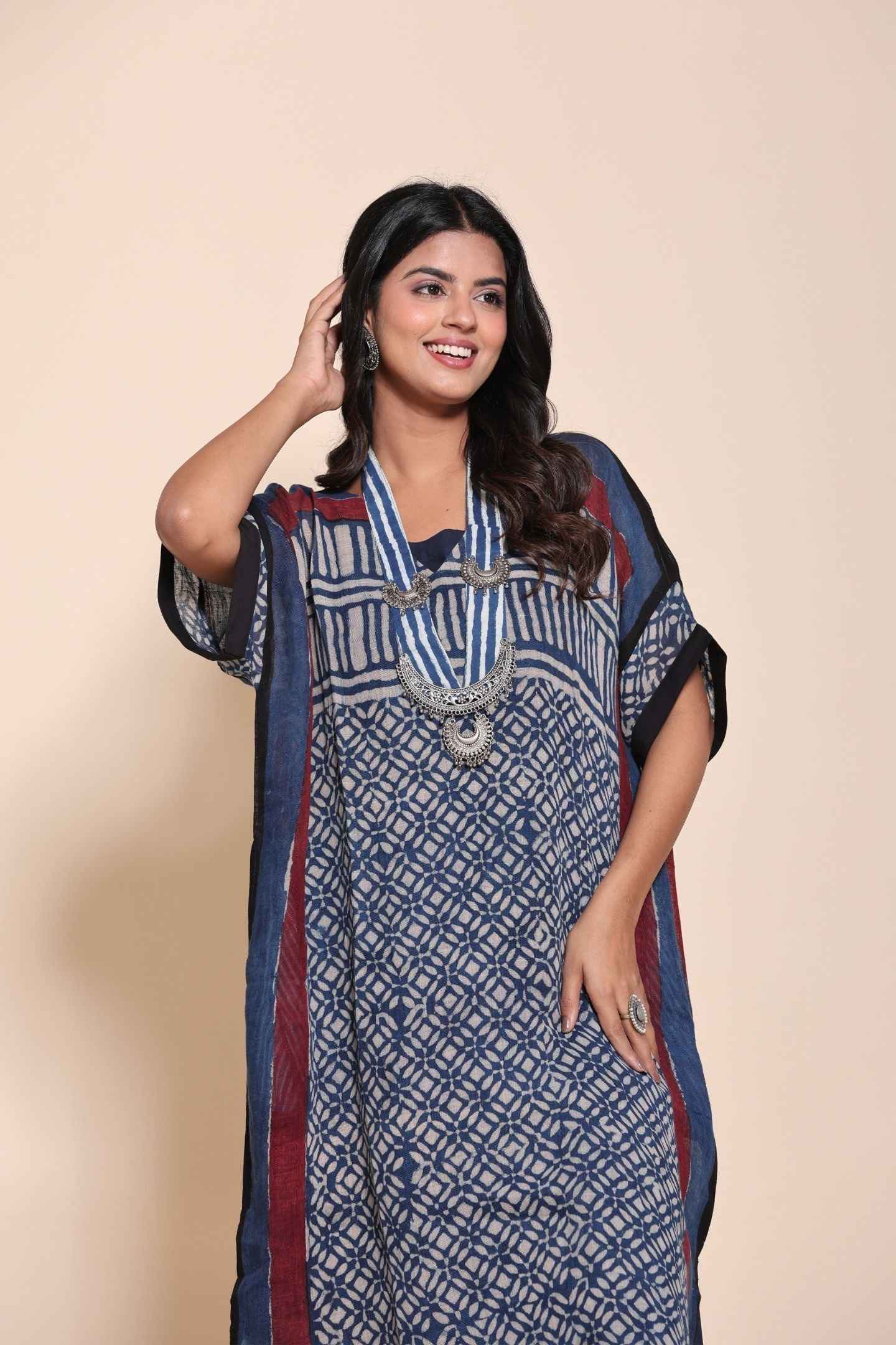 Naksh Pure Linen Free Size Blue Kaftan-Dress With Customizable Inner